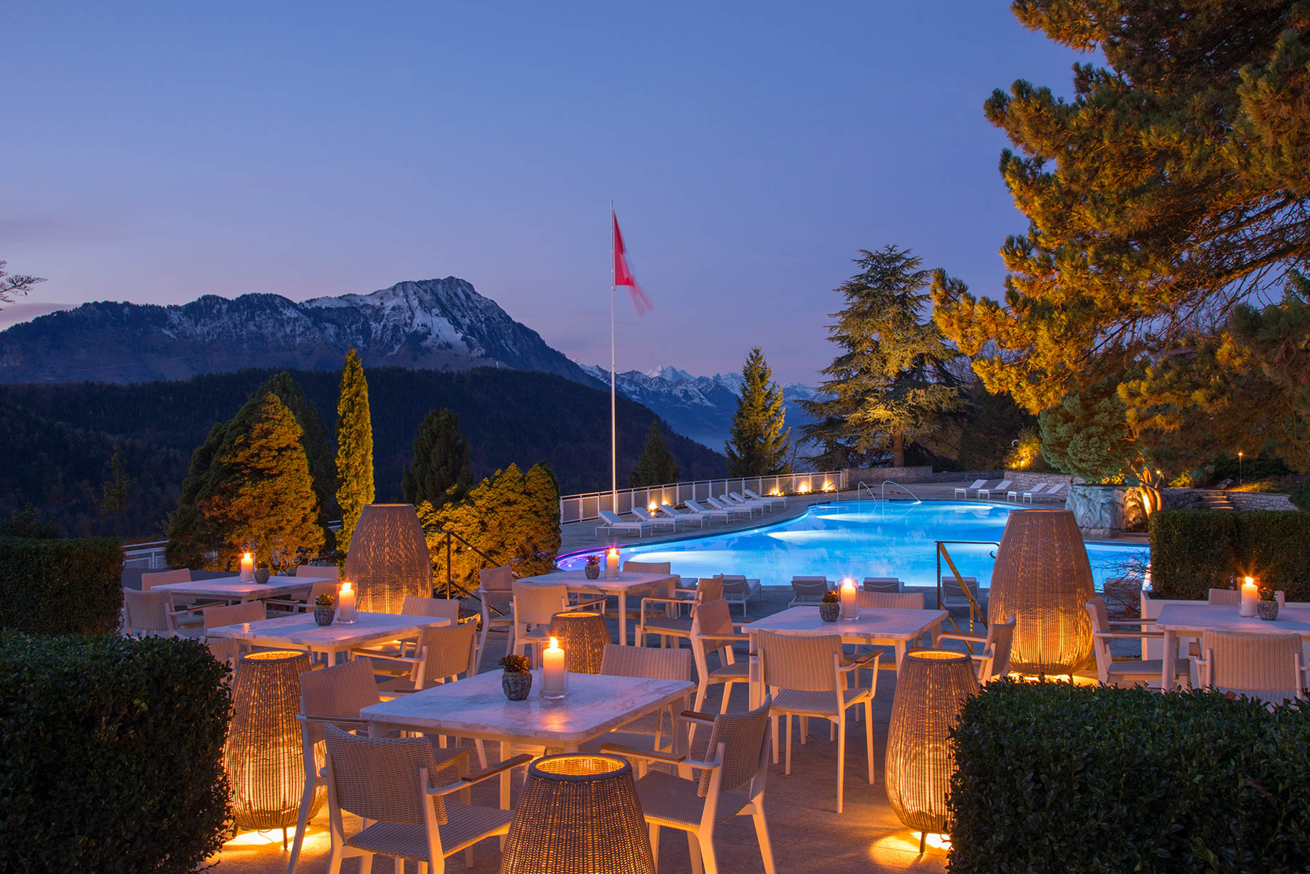 Burgenstock Hotel & Alpine Spa – Obburgen, Switzerland – Pool Deck Tables