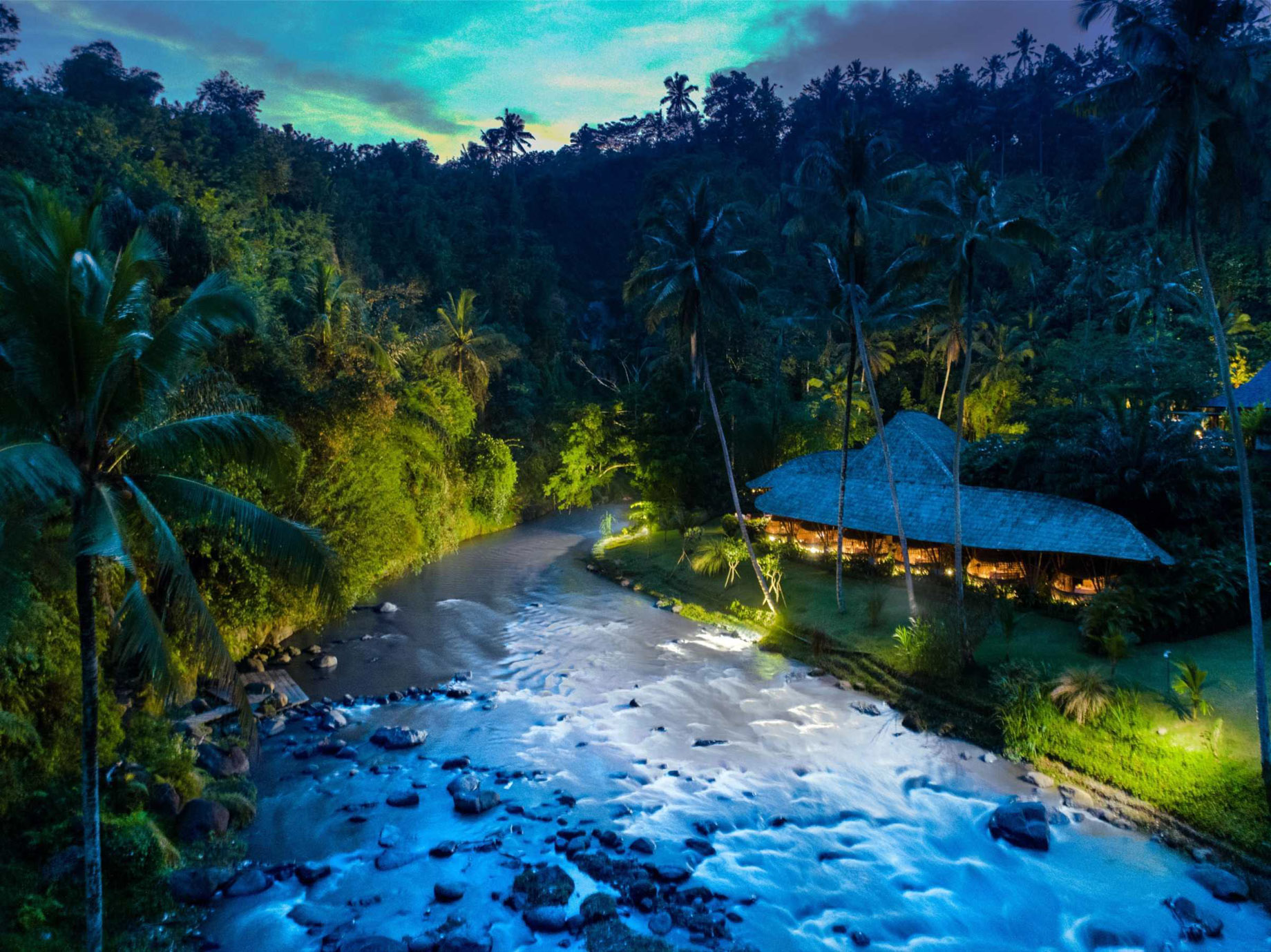 The Ritz-Carlton, Mandapa Reserve Resort – Ubud, Bali, Indonesia – Kubu Restaurant Aerial View Night