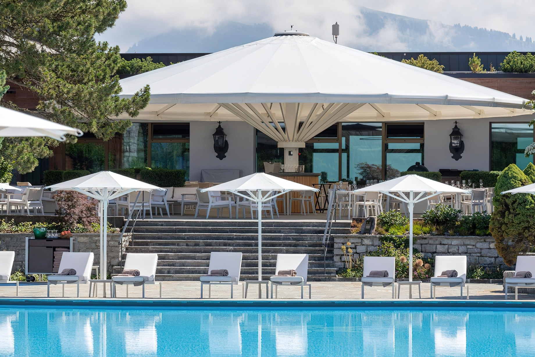 Burgenstock Hotel & Alpine Spa – Obburgen, Switzerland – Oak Grill & Pool Patio Restaurant Exterior