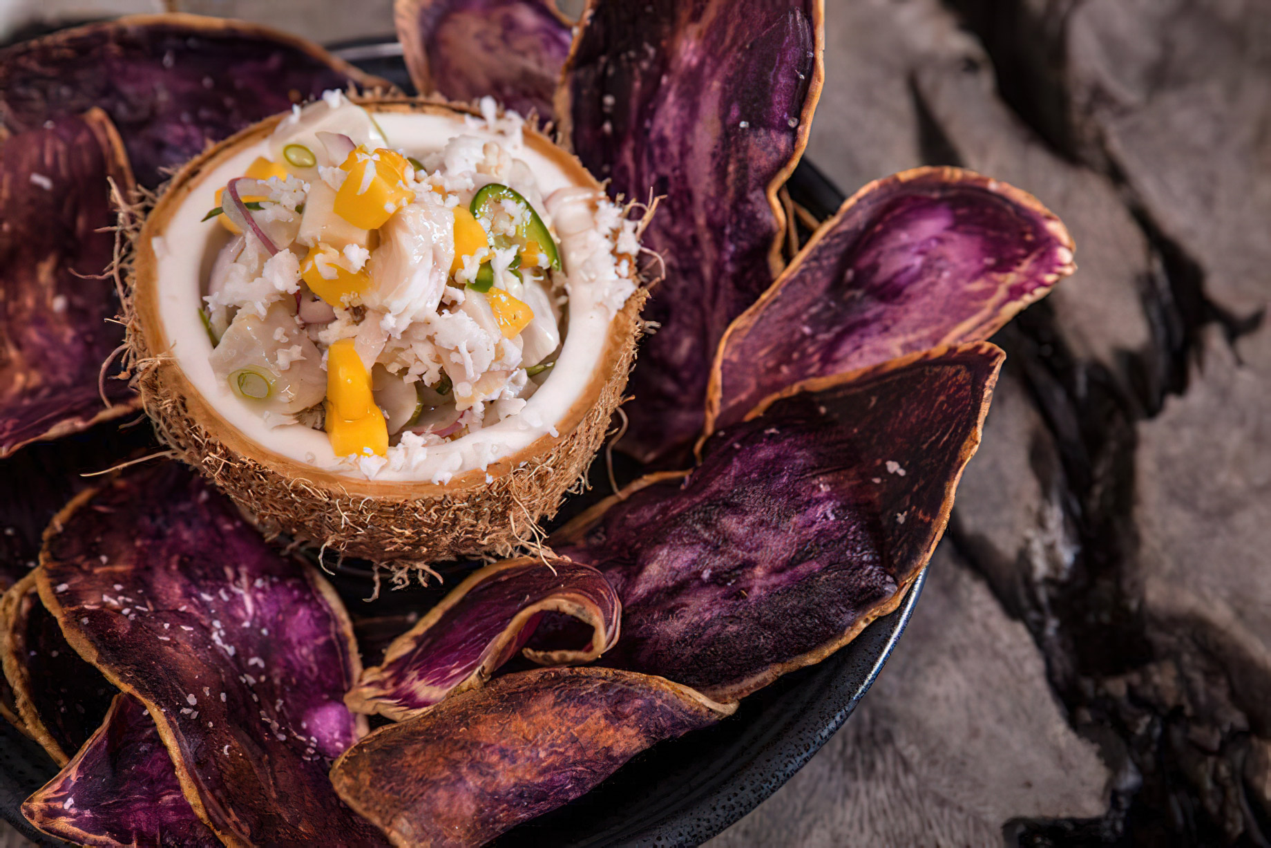 The Ritz-Carlton Maui, Kapalua Resort - Kapalua, HI, USA - Island Style Ceviche with Coconut Milk and Served in an Edible Coconut Bowl