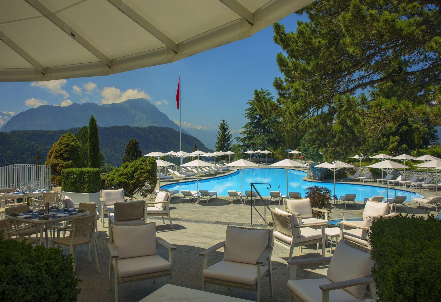 Burgenstock Hotel & Alpine Spa – Obburgen, Switzerland – Oak Grill & Pool Patio Restaurant Exterior Pool Terrace Dining