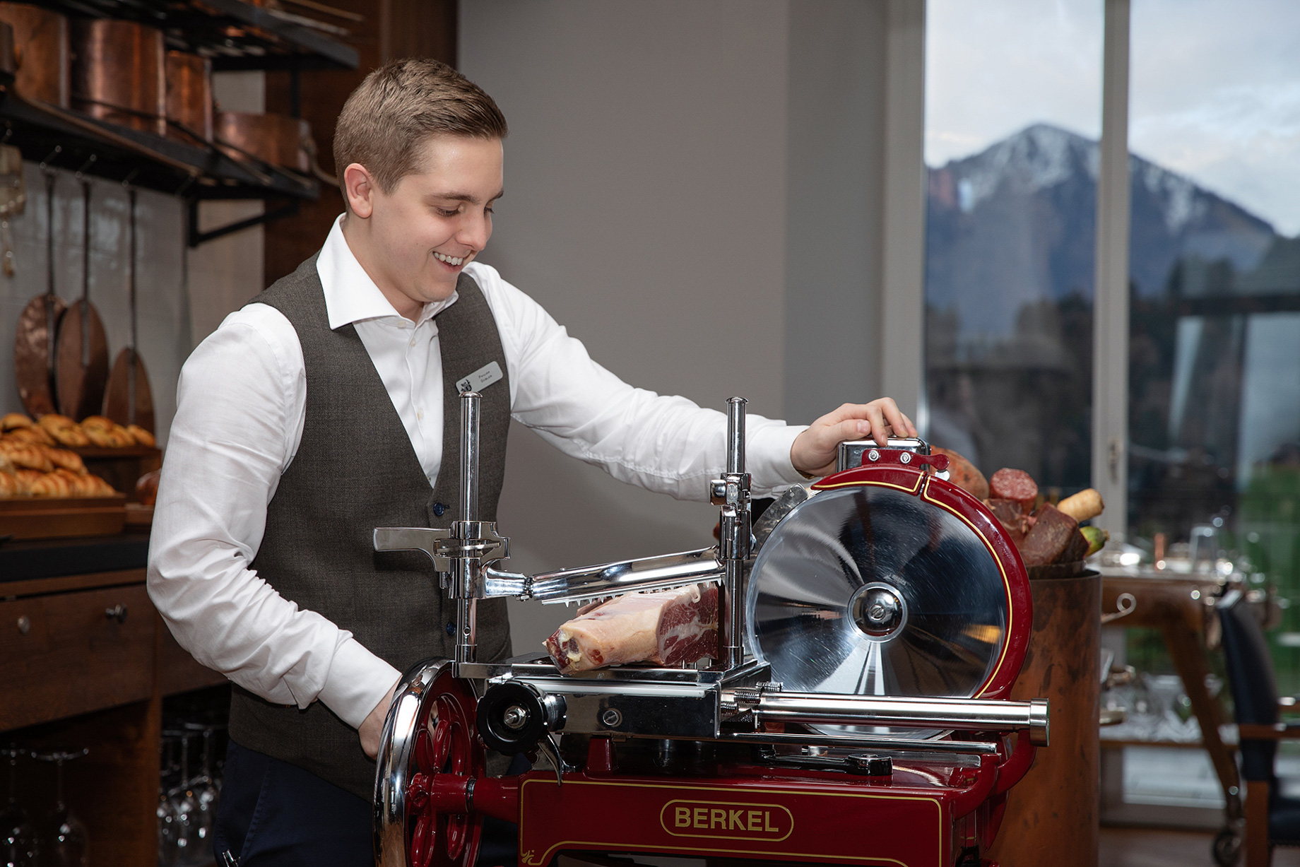 Burgenstock Hotel & Alpine Spa – Obburgen, Switzerland – RitzCoffier Restaurant Prosciutto Slicing