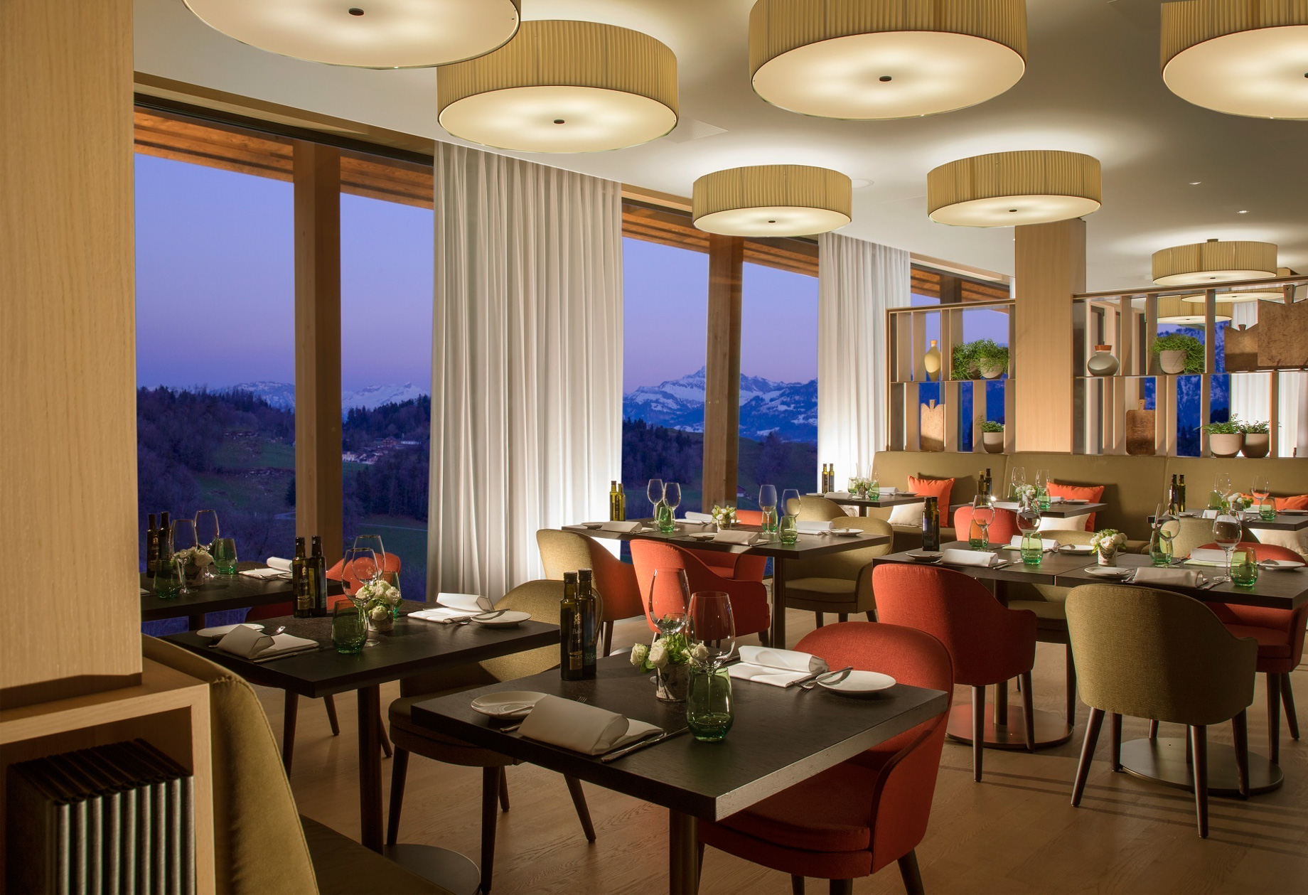 Burgenstock Hotel & Alpine Spa – Obburgen, Switzerland – Verbena Restaurant & Bar Sunset Interior View