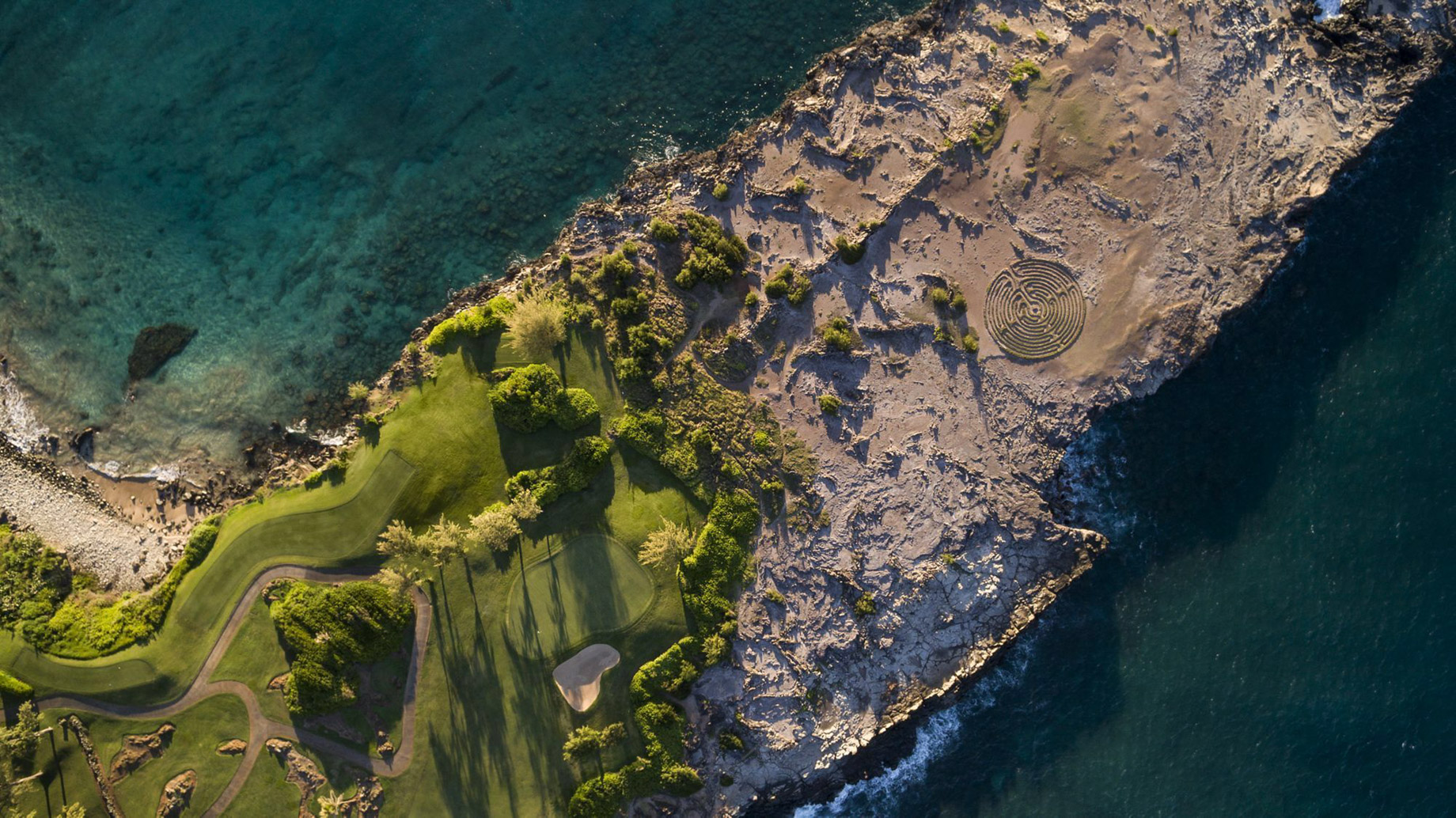 The Ritz-Carlton Maui, Kapalua Resort - Kapalua, HI, USA - Golf Course and Meditation Labrynth Overhead Aerial View
