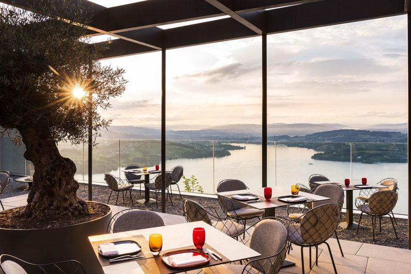 Burgenstock Hotel & Alpine Spa - Obburgen, Switzerland - Sharq Oriental Restaurant Outdoor Terrace Sunset View