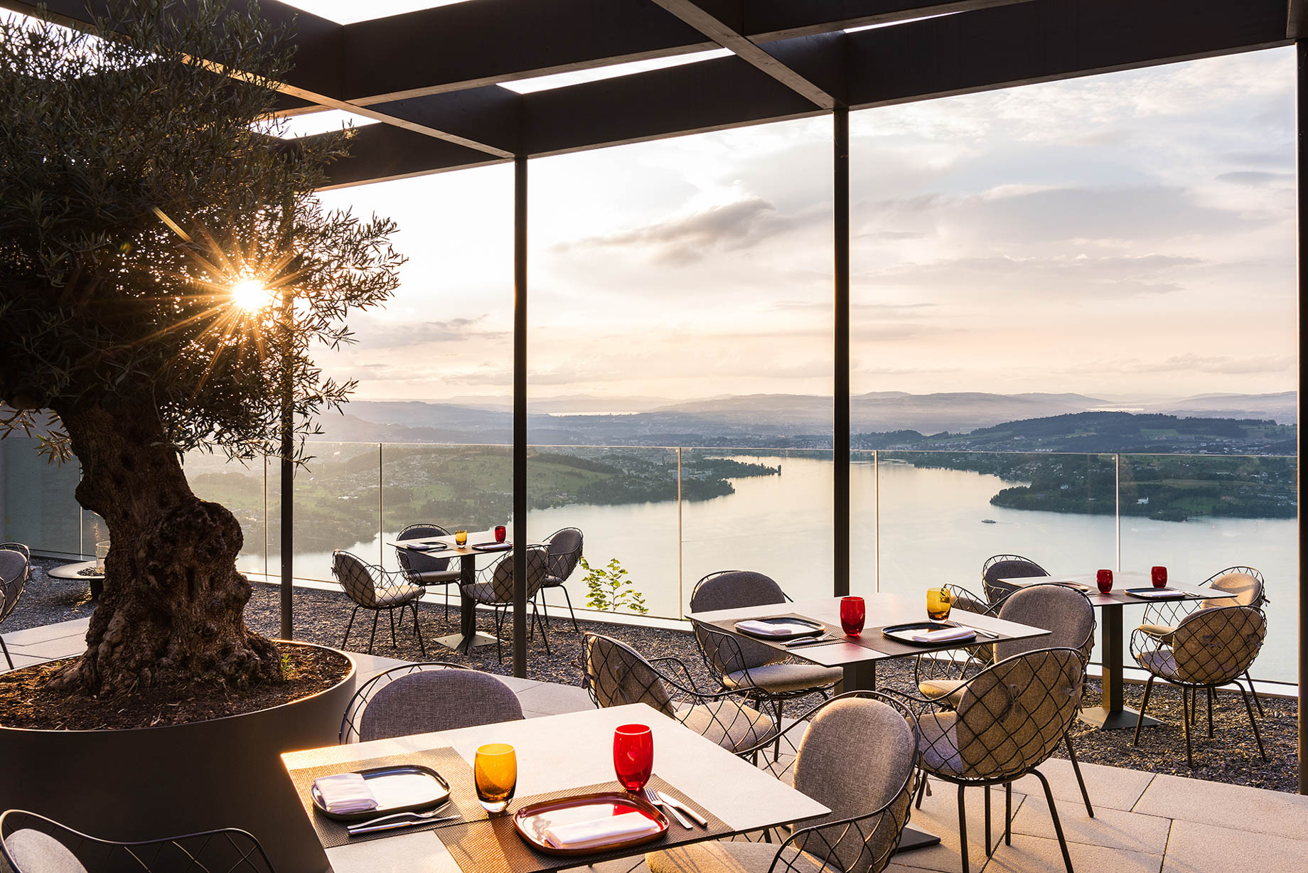 Burgenstock Hotel & Alpine Spa – Obburgen, Switzerland – Sharq Oriental Restaurant Outdoor Terrace Sunset View