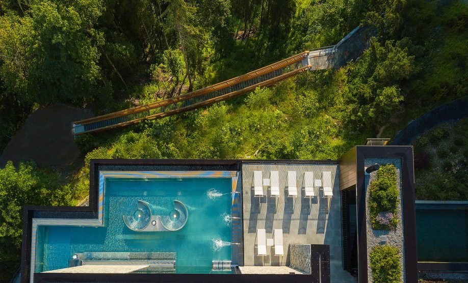 Burgenstock Hotel & Alpine Spa - Obburgen, Switzerland - Alpine Spa Infinity Edge Pool Overhead Aerial