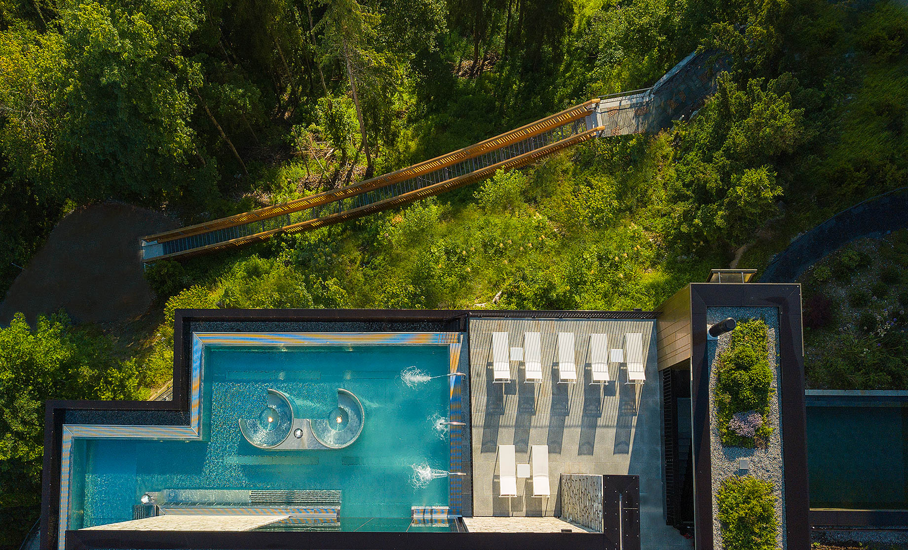 Burgenstock Hotel & Alpine Spa – Obburgen, Switzerland – Alpine Spa Infinity Edge Pool Overhead Aerial