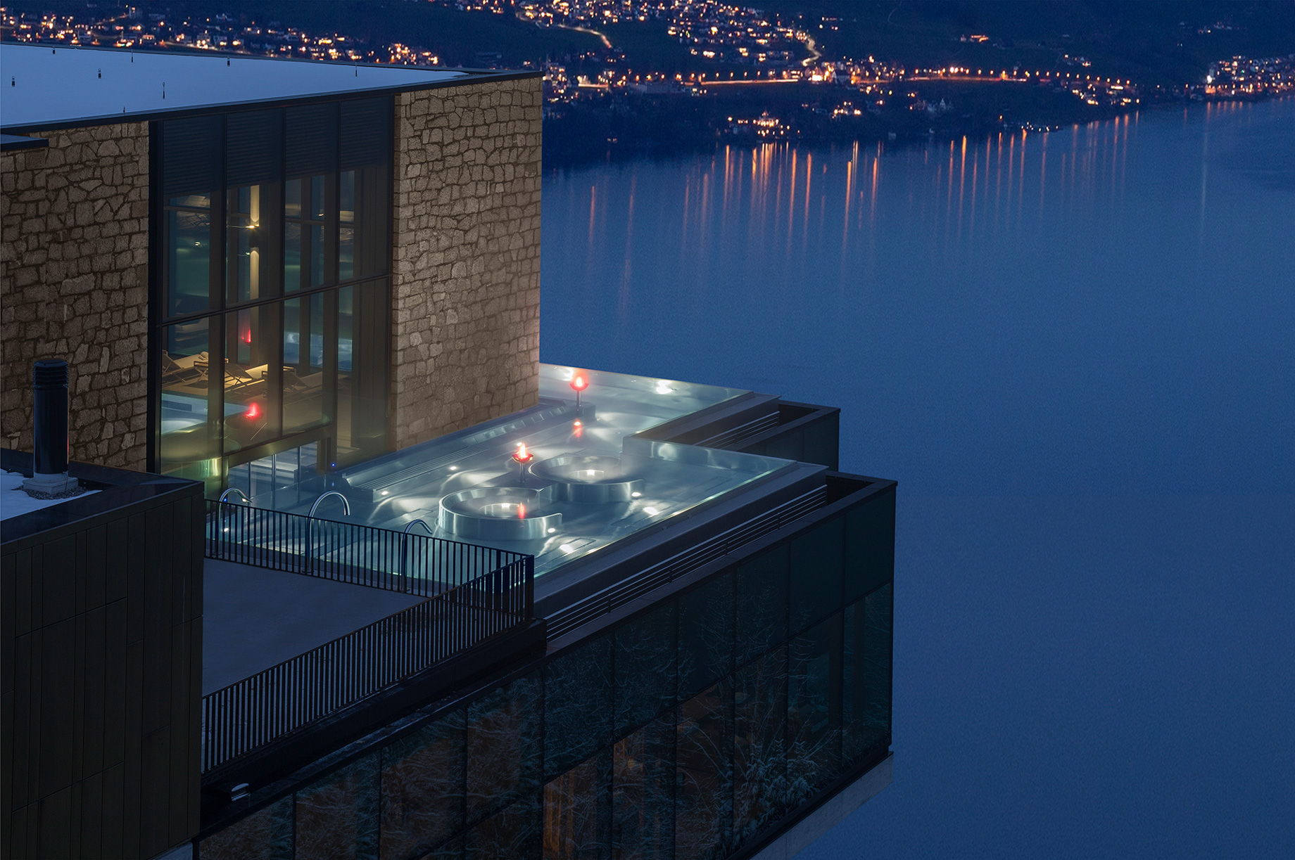 Burgenstock Hotel & Alpine Spa – Obburgen, Switzerland – Alpine Spa Outdoor Infinity Edge Pool Night View