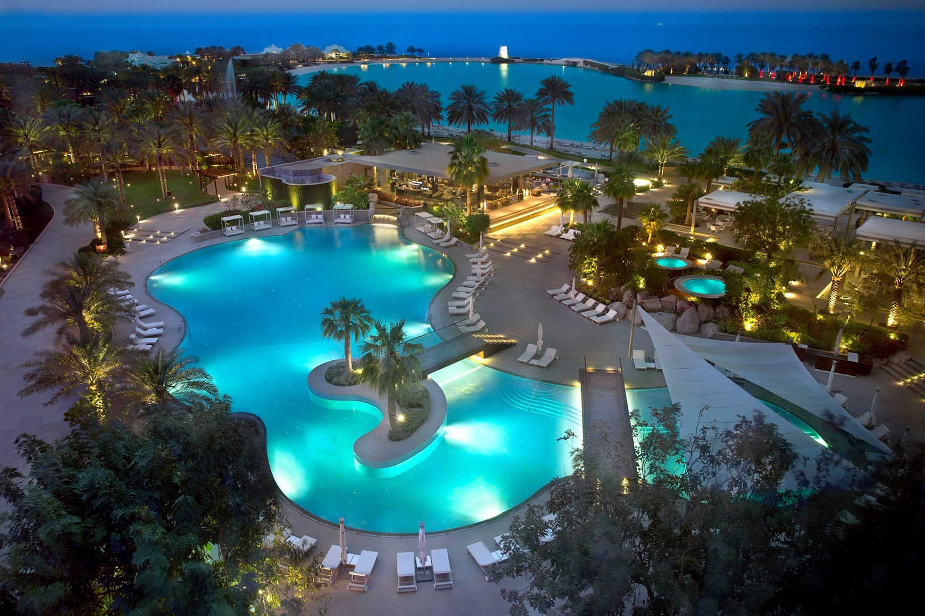 The Ritz-Carlton, Bahrain Resort Hotel – Manama, Bahrain – Outdoor Pool Aerial Night View