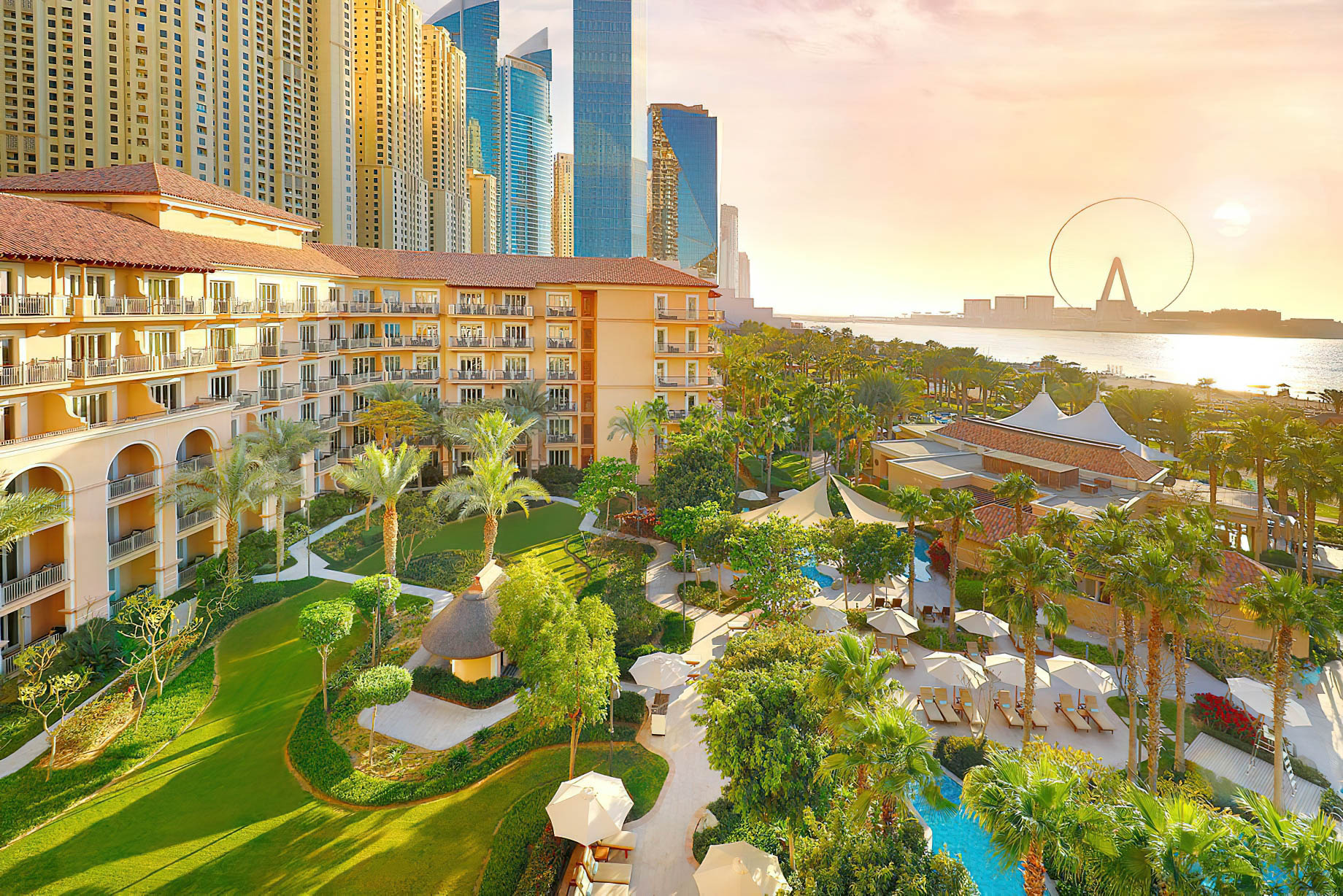 The Ritz-Carlton, Dubai Hotel – JBR Beach, Dubai, UAE – Hotel Gardens Aerial View