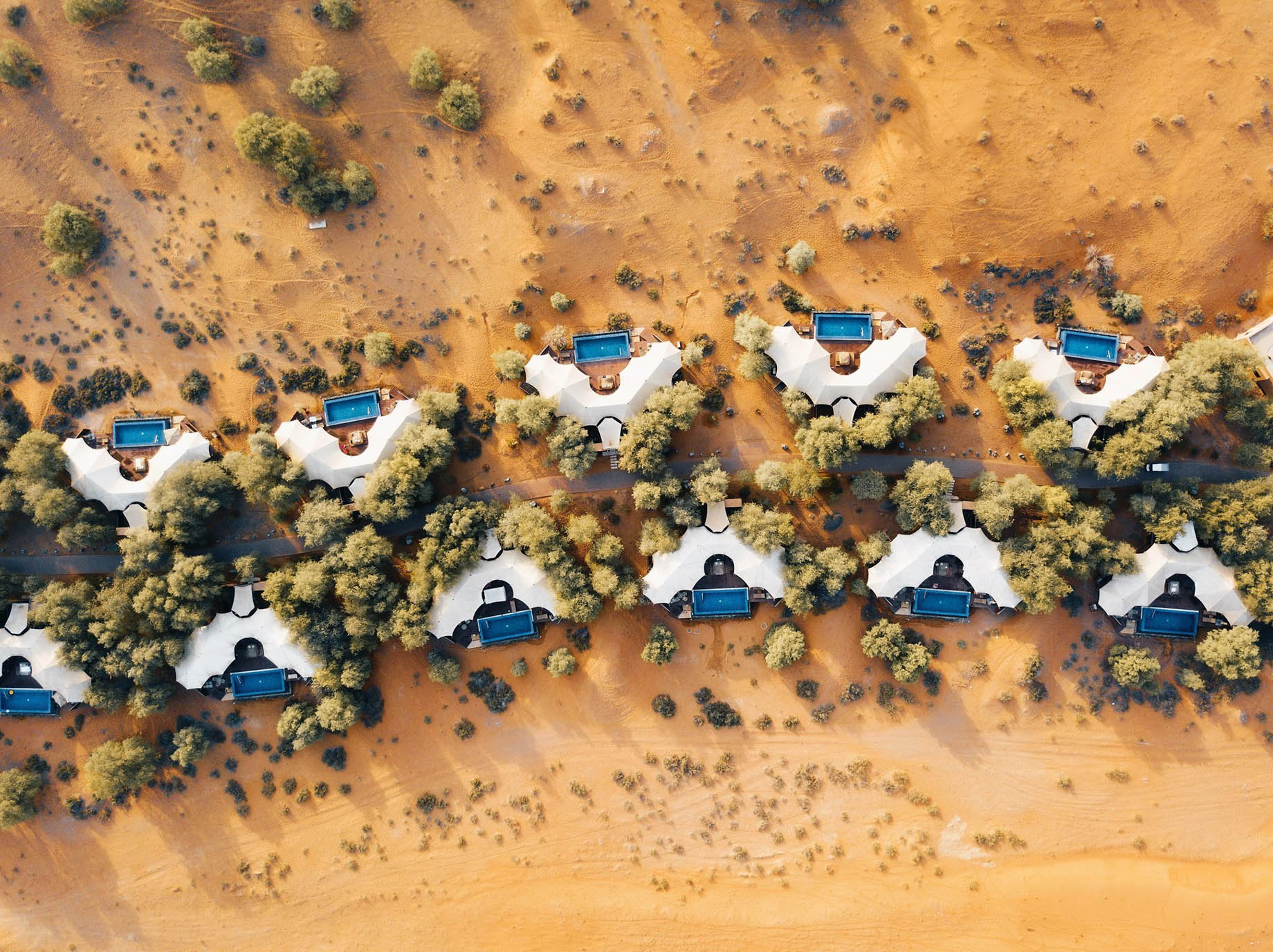 The Ritz-Carlton Ras Al Khaimah, Al Wadi Desert Resort – UAE – Tented Pool Villas Overhead Aerial View