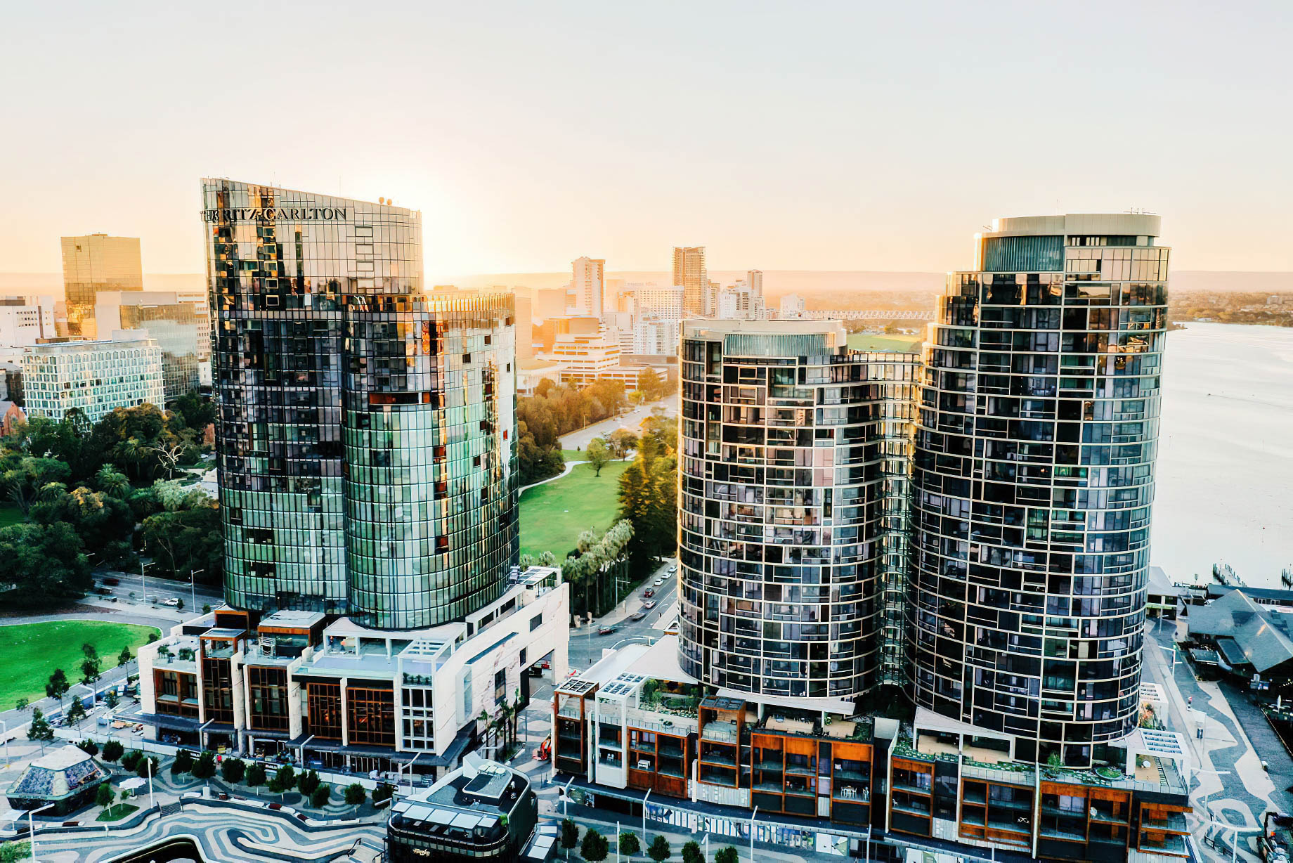 The Ritz-Carlton, Perth Hotel - Perth, Australia - Hotel Exterior Aerial View Sunset