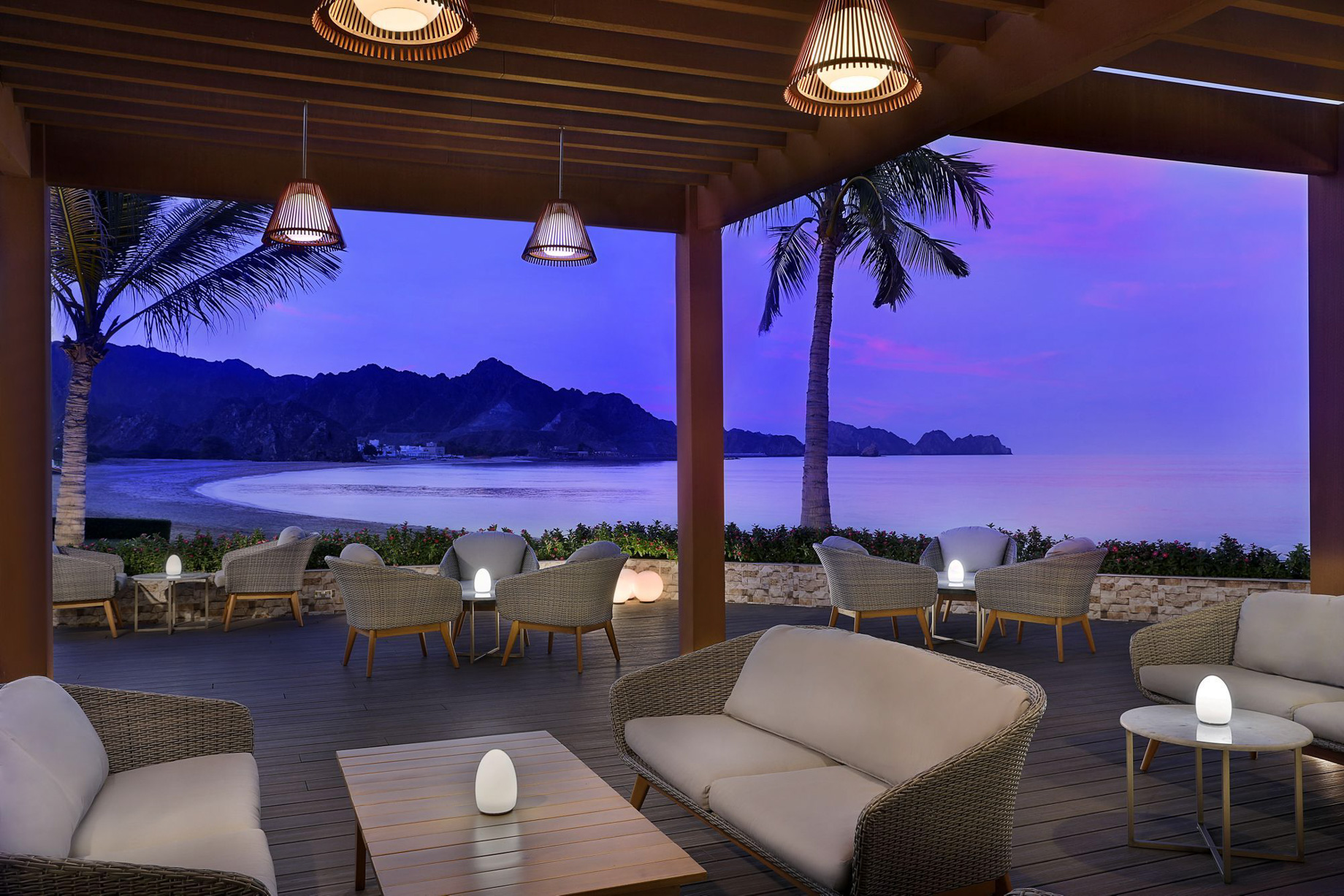 Al Bustan Palace, A Ritz-Carlton Hotel - Muscat, Oman - Beach Pavilion Bar & Grill Terrace Night Beach View