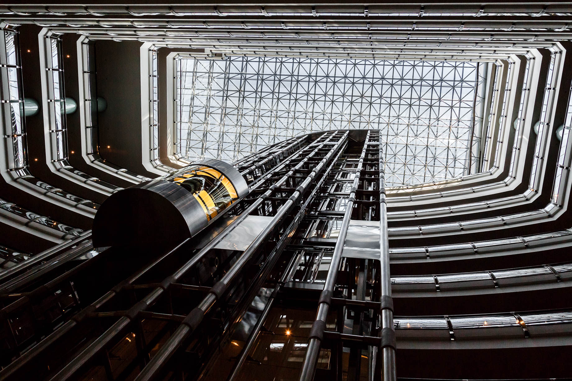 Ararat Park Hyatt Moscow Hotel – Moscow, Russia – Glass Atrium Transparent Elevator Lifts