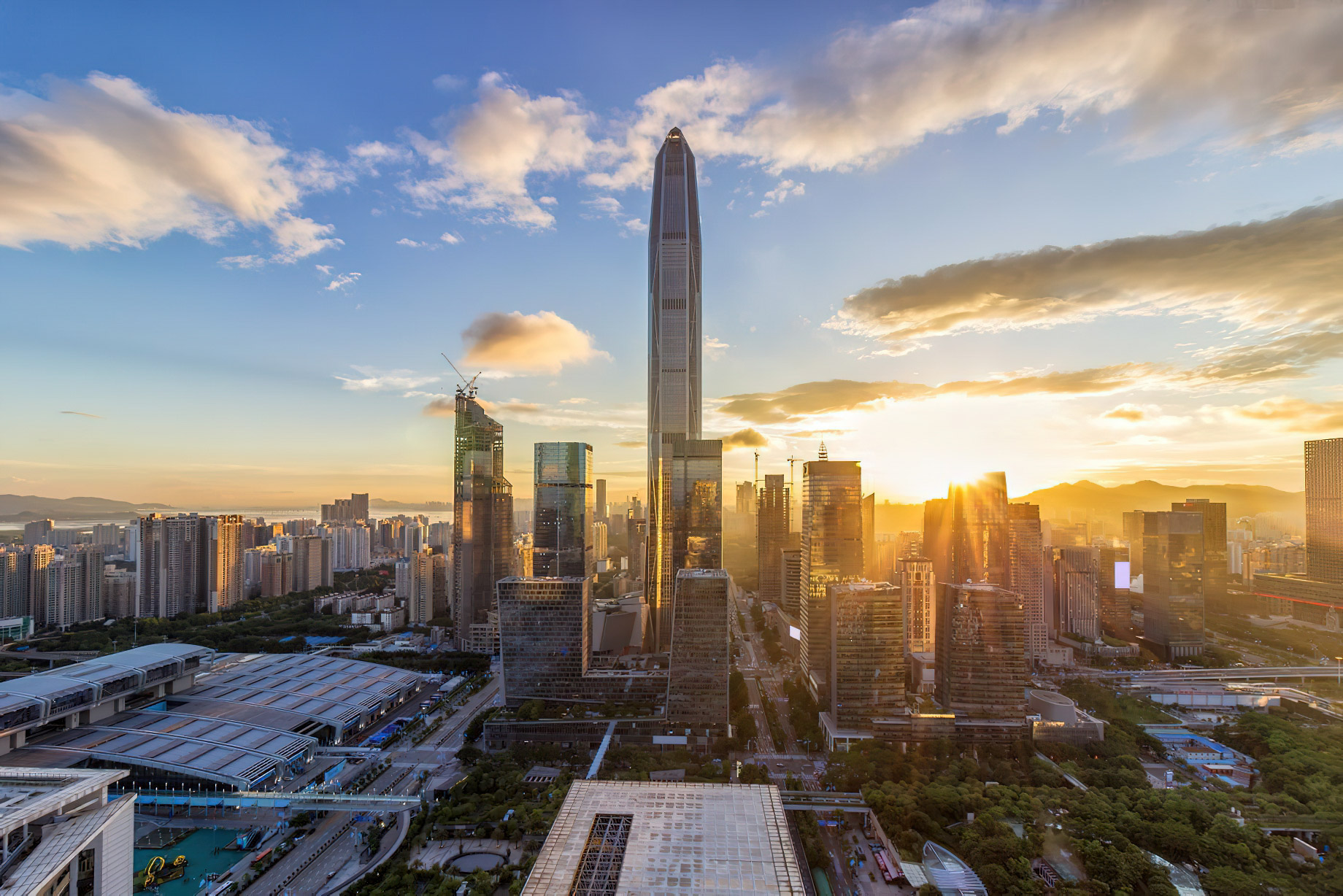 The Ritz-Carlton, Shenzhen Hotel – Shenzhen, China – Shenzhen City Aerial View Sunset