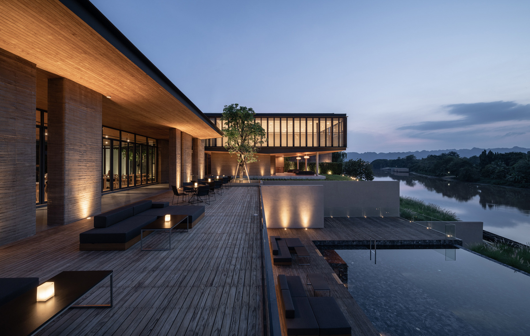 Tara Villa Riverkwai Resort - Kanchanaburi, Thailand - Exterior Dining and Pool Terrace Night View