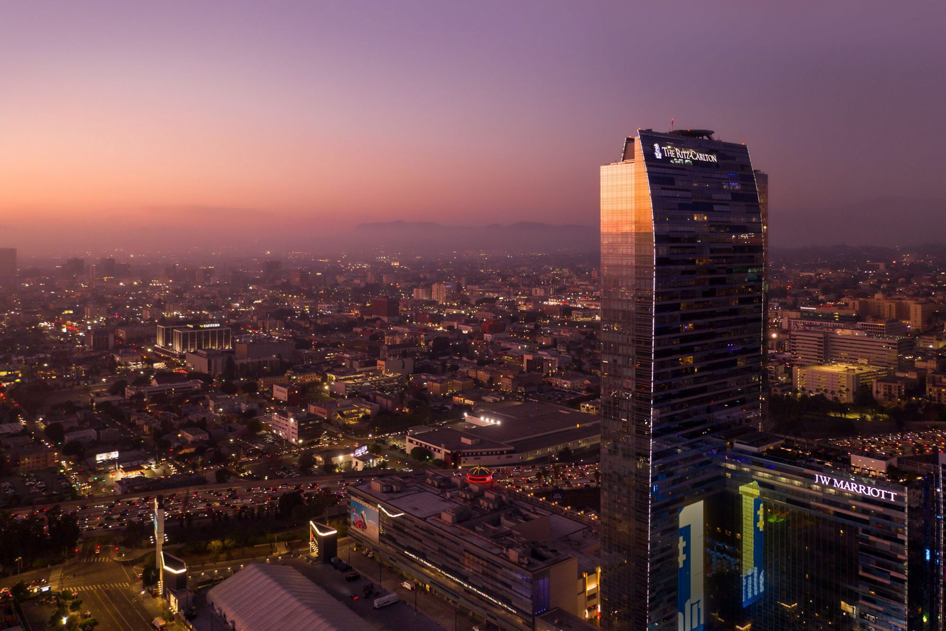 The Ritz-Carlton, Los Angeles L.A. Live Hotel – Los Angeles, CA, USA – Exterior Aerial Sunset