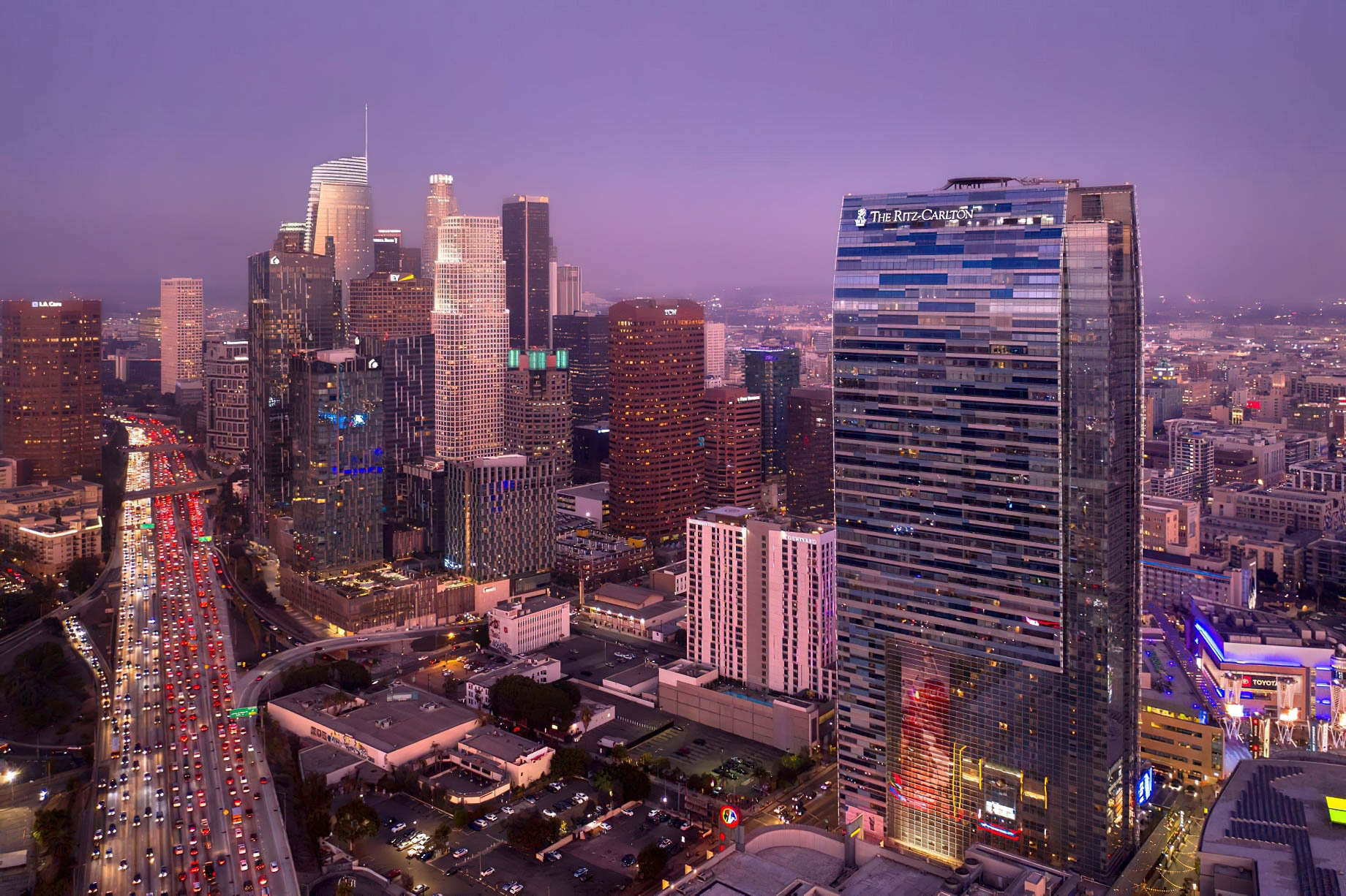 The Ritz-Carlton, Los Angeles L.A. Live Hotel – Los Angeles, CA, USA – Exterior Aerial Sunset