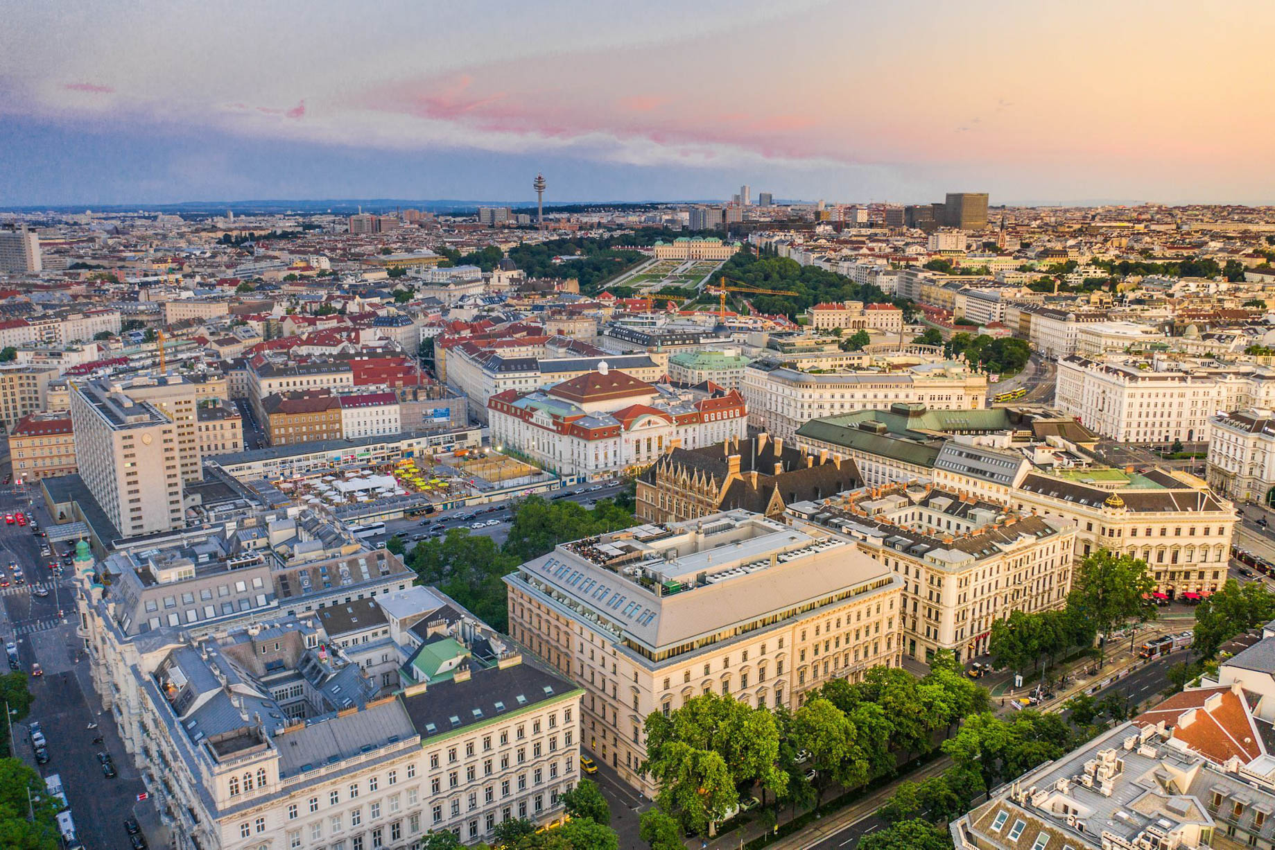The Ritz-Carlton, Vienna Hotel – Vienna, Austria – Exterior Aerial View Sunset