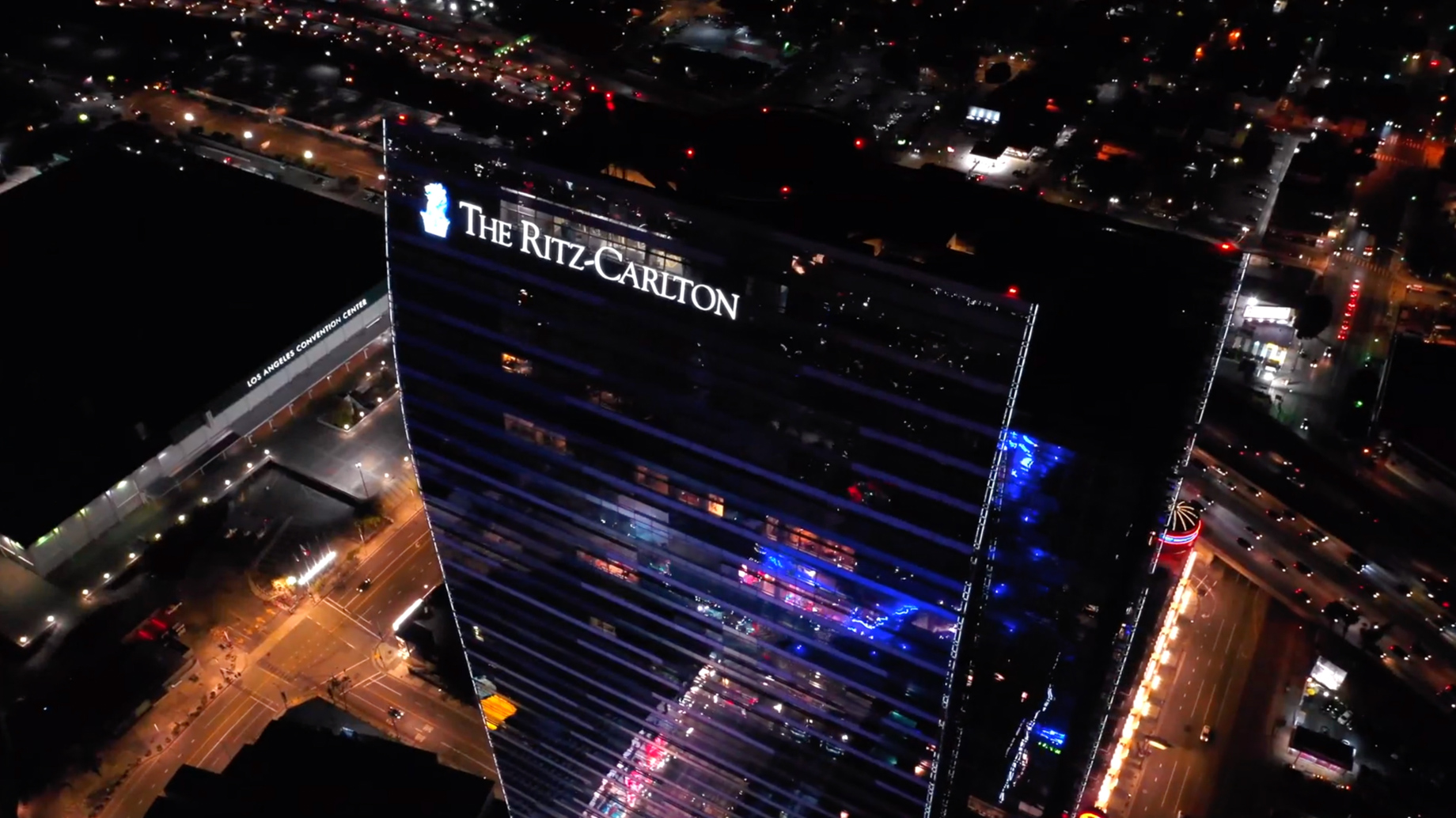 The Ritz-Carlton, Los Angeles L.A. Live Hotel – Los Angeles, CA, USA – Exterior Tower Aerial Night