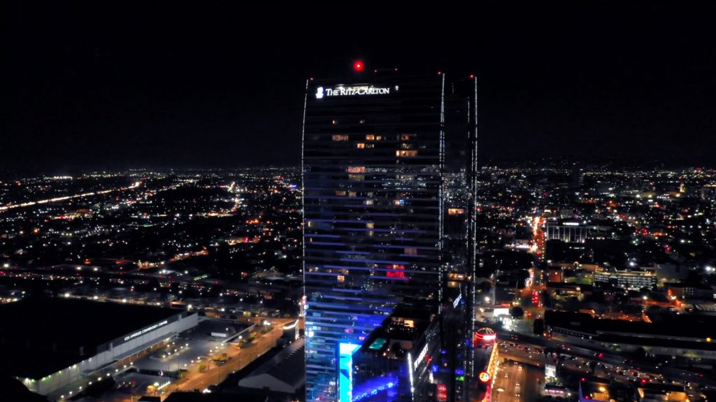 The Ritz-Carlton, Los Angeles L.A. Live Hotel - Los Angeles, CA, USA - Exterior Tower Aerial Night