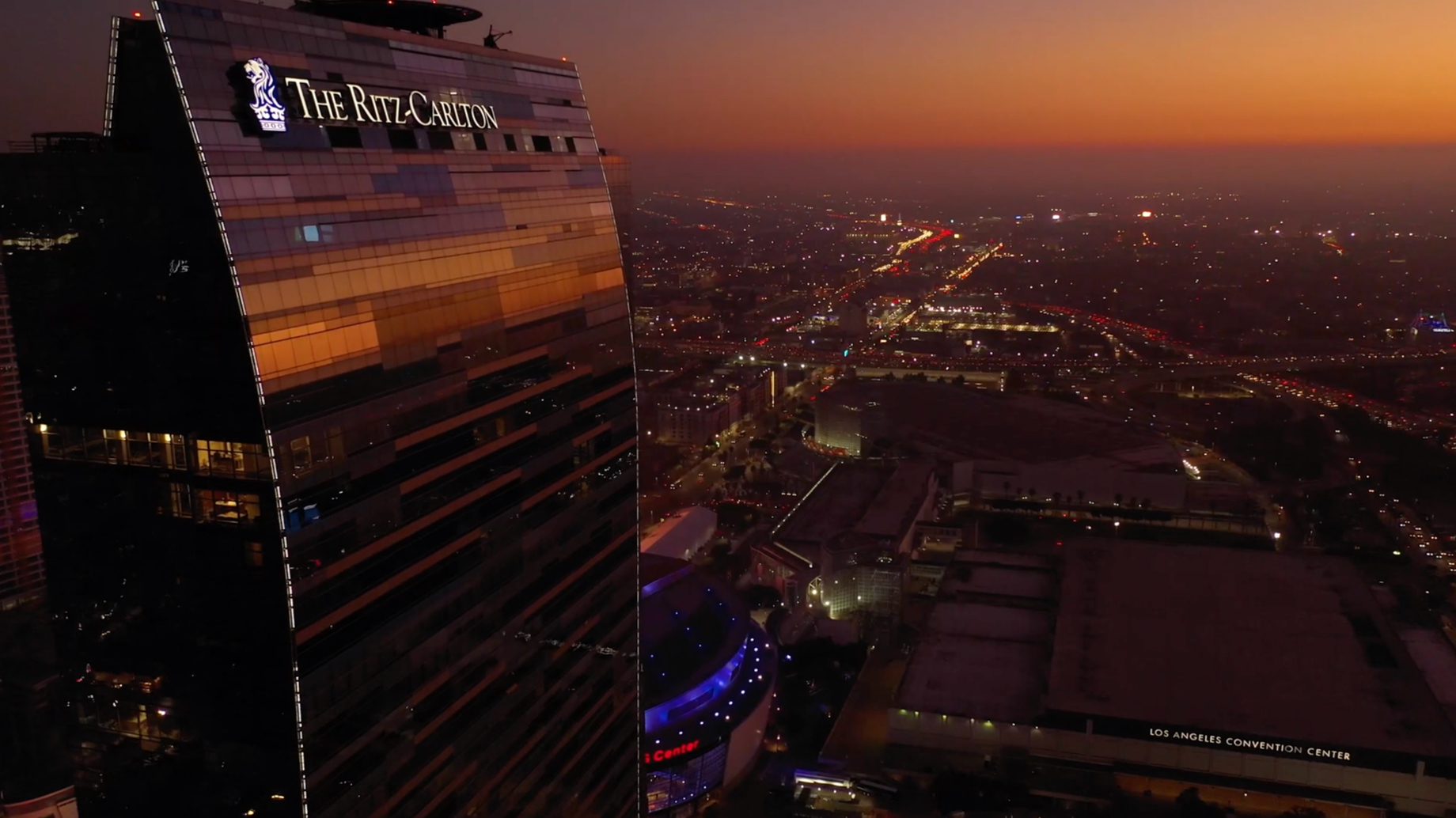 The Ritz-Carlton, Los Angeles L.A. Live Hotel – Los Angeles, CA, USA – Exterior Tower Aerial Sunset