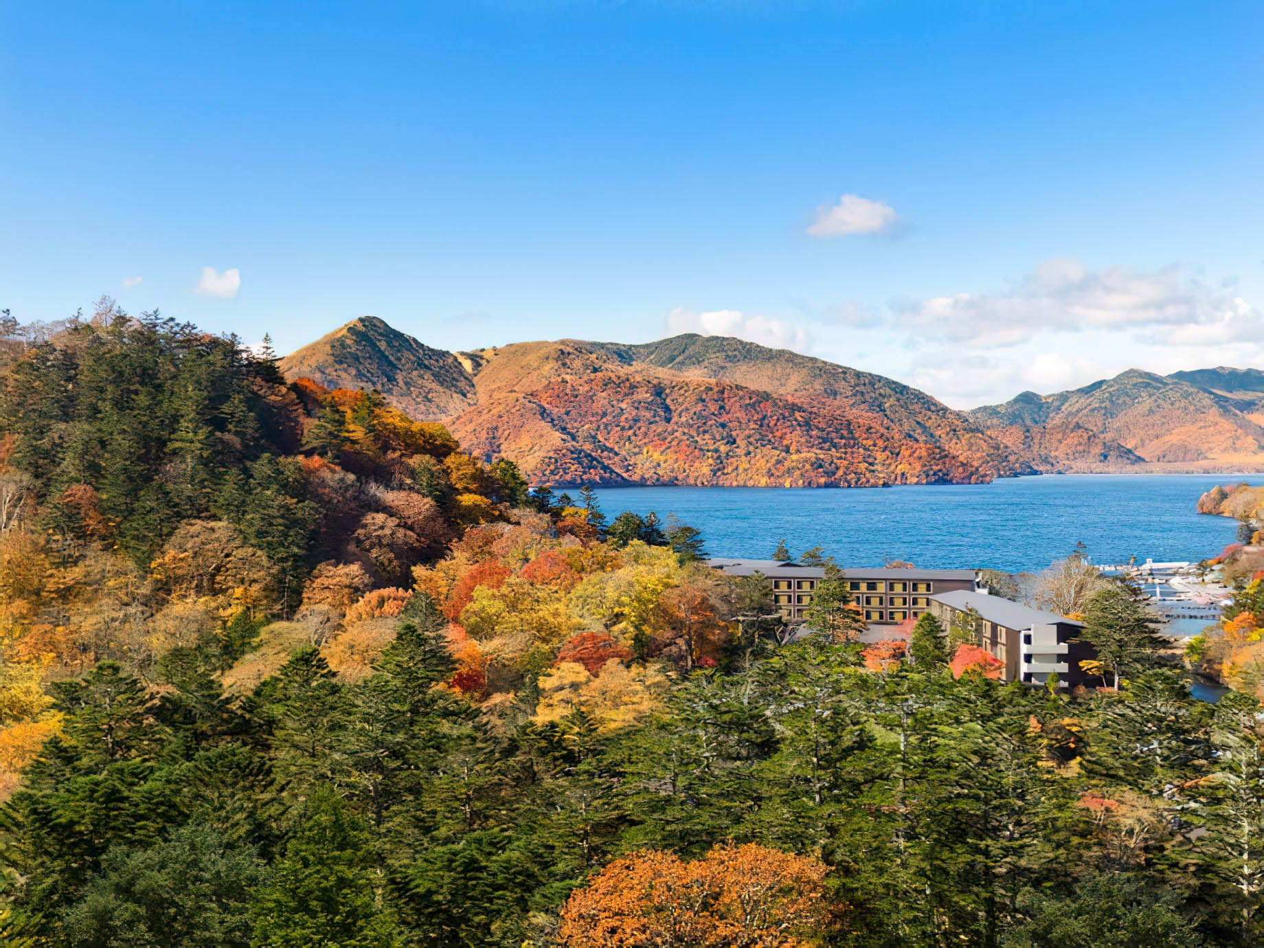 The Ritz-Carlton, Nikko Hotel – Nikko Tochigi, Japan – Hotel and Lake Aerial View