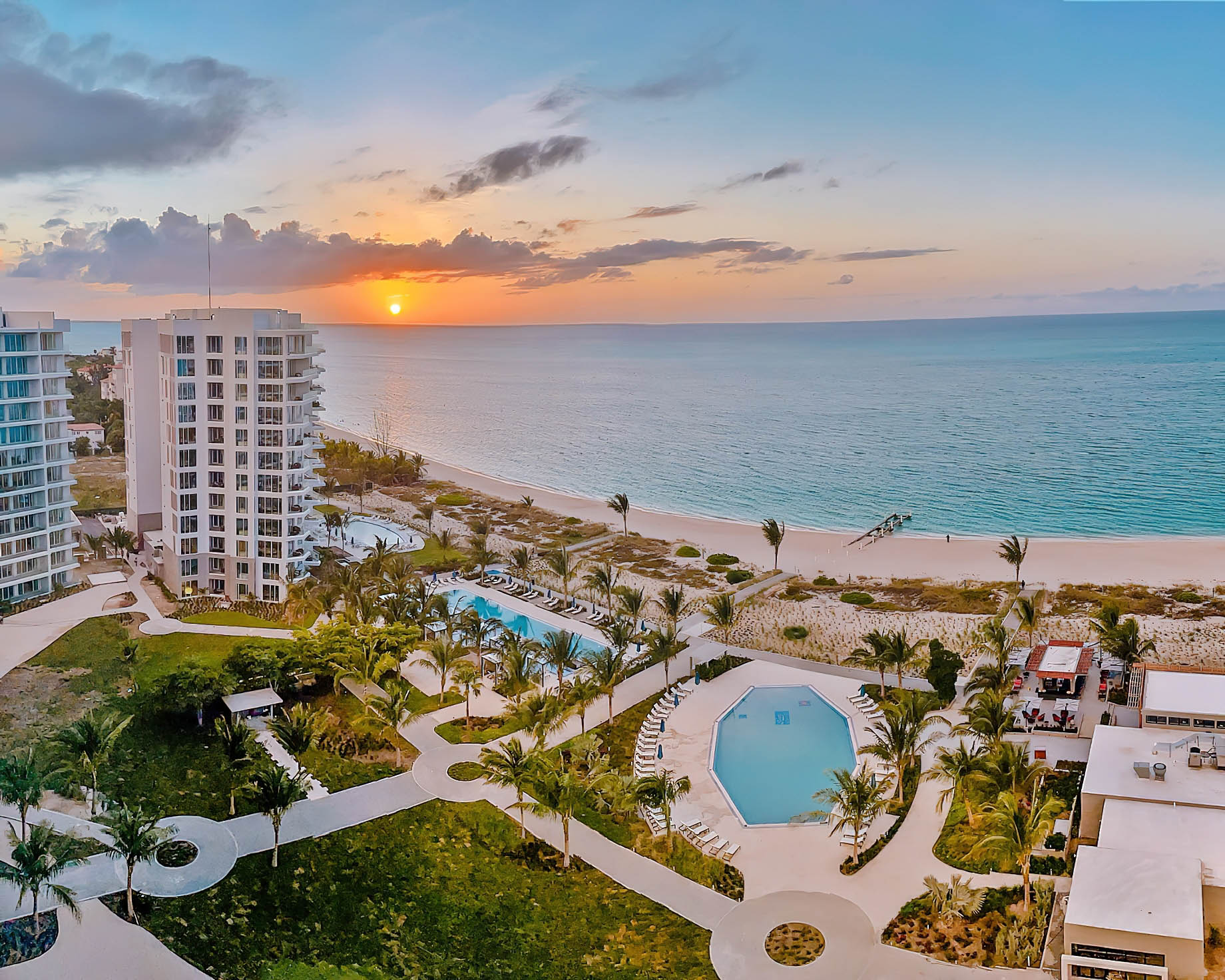 The Ritz-Carlton, Turks & Caicos Resort – Providenciales, Turks and Caicos Islands – Exterior Aerial Pool Ocean View Sunset