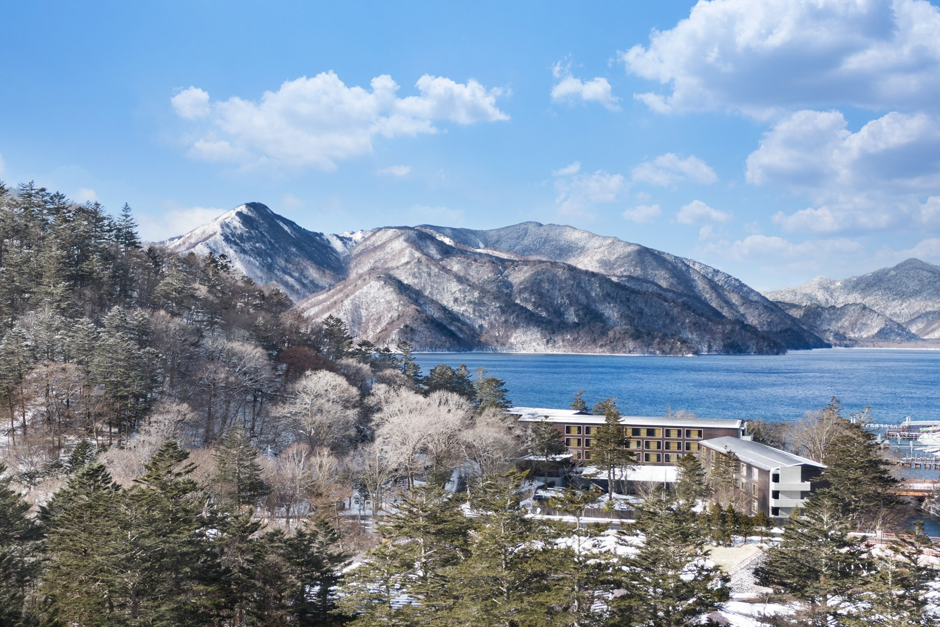 The Ritz-Carlton, Nikko Hotel – Nikko Tochigi, Japan – Hotel and Lake Aerial View Winter