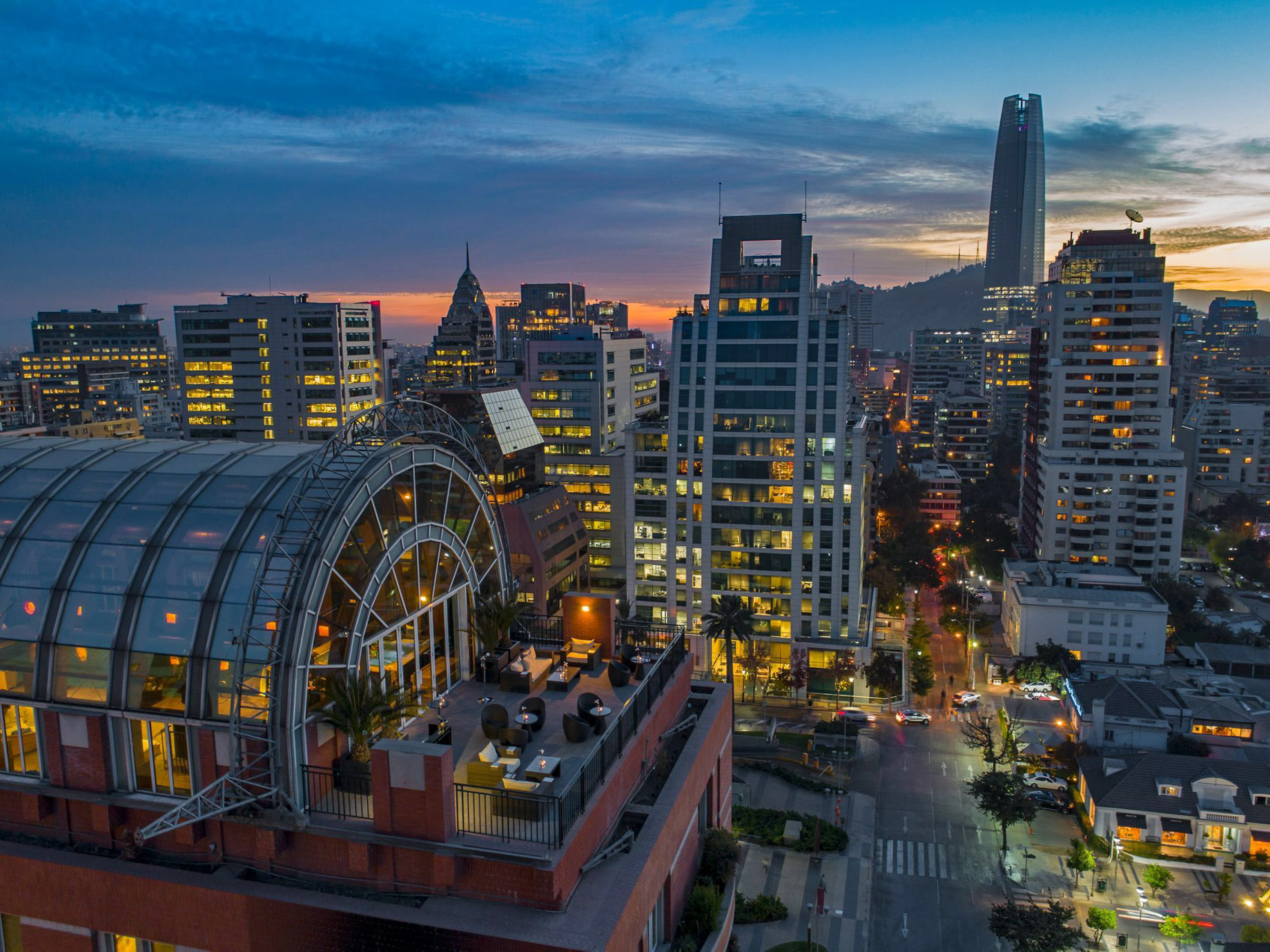 The Ritz-Carlton, Santiago Hotel – Santiago, Chile – Rooftop Spa Deck Aerial View Sunset