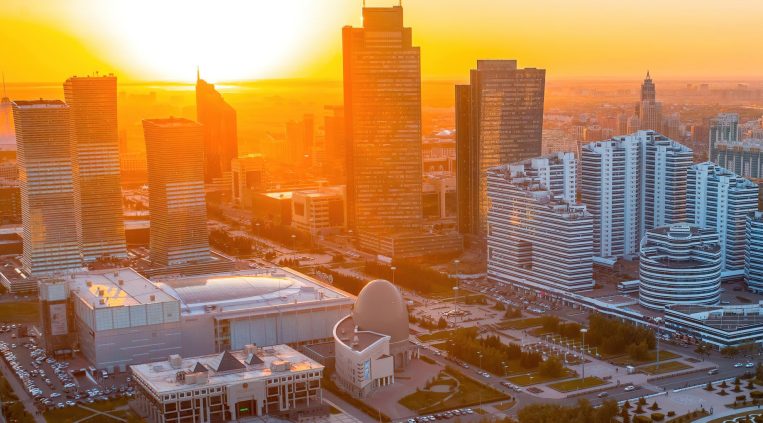 The Ritz-Carlton, Astana Hotel - Nur-Sultan, Kazakhstan - Astana City Aerial Sunset