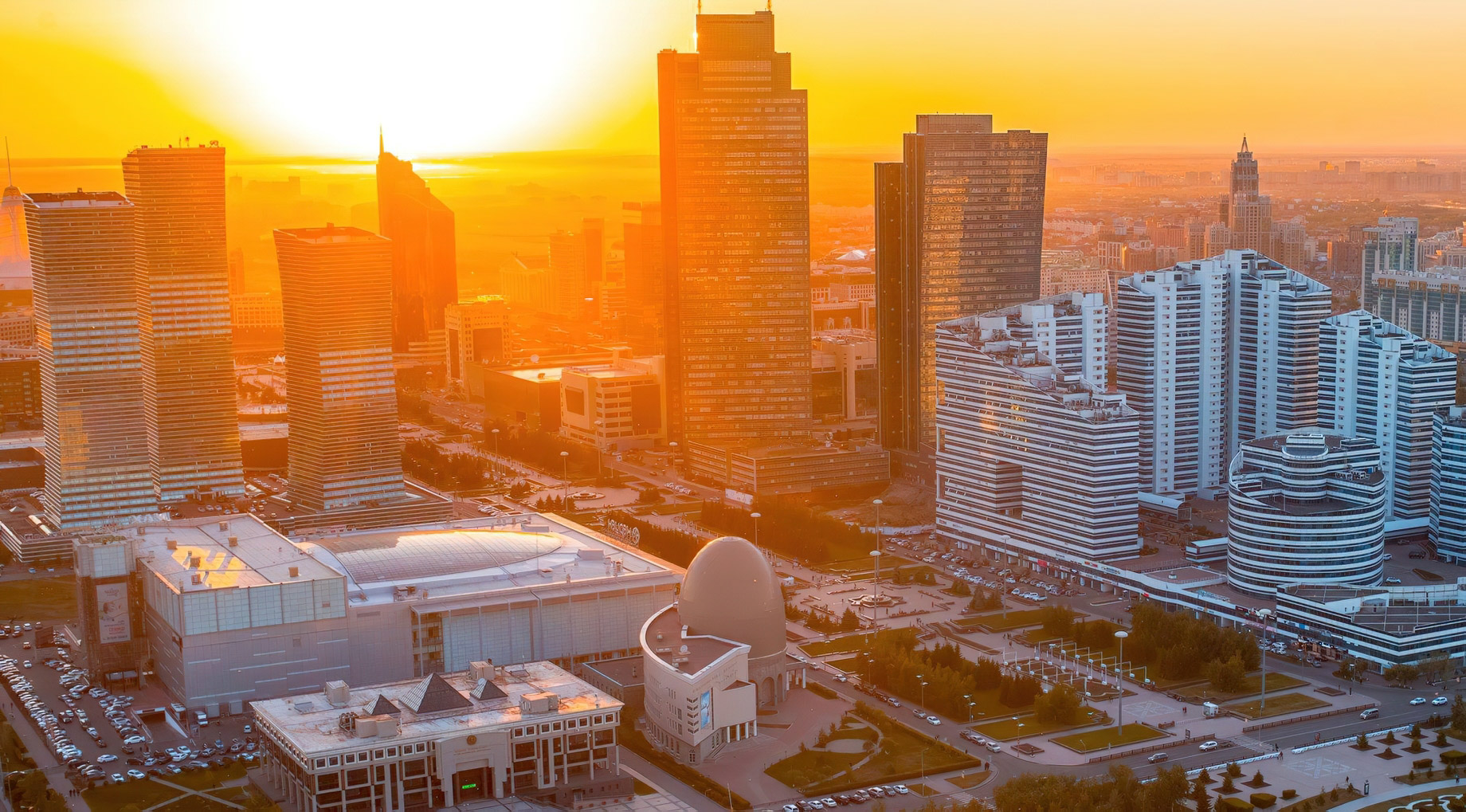 The Ritz-Carlton, Astana Hotel - Nur-Sultan, Kazakhstan - Astana City Aerial Sunset