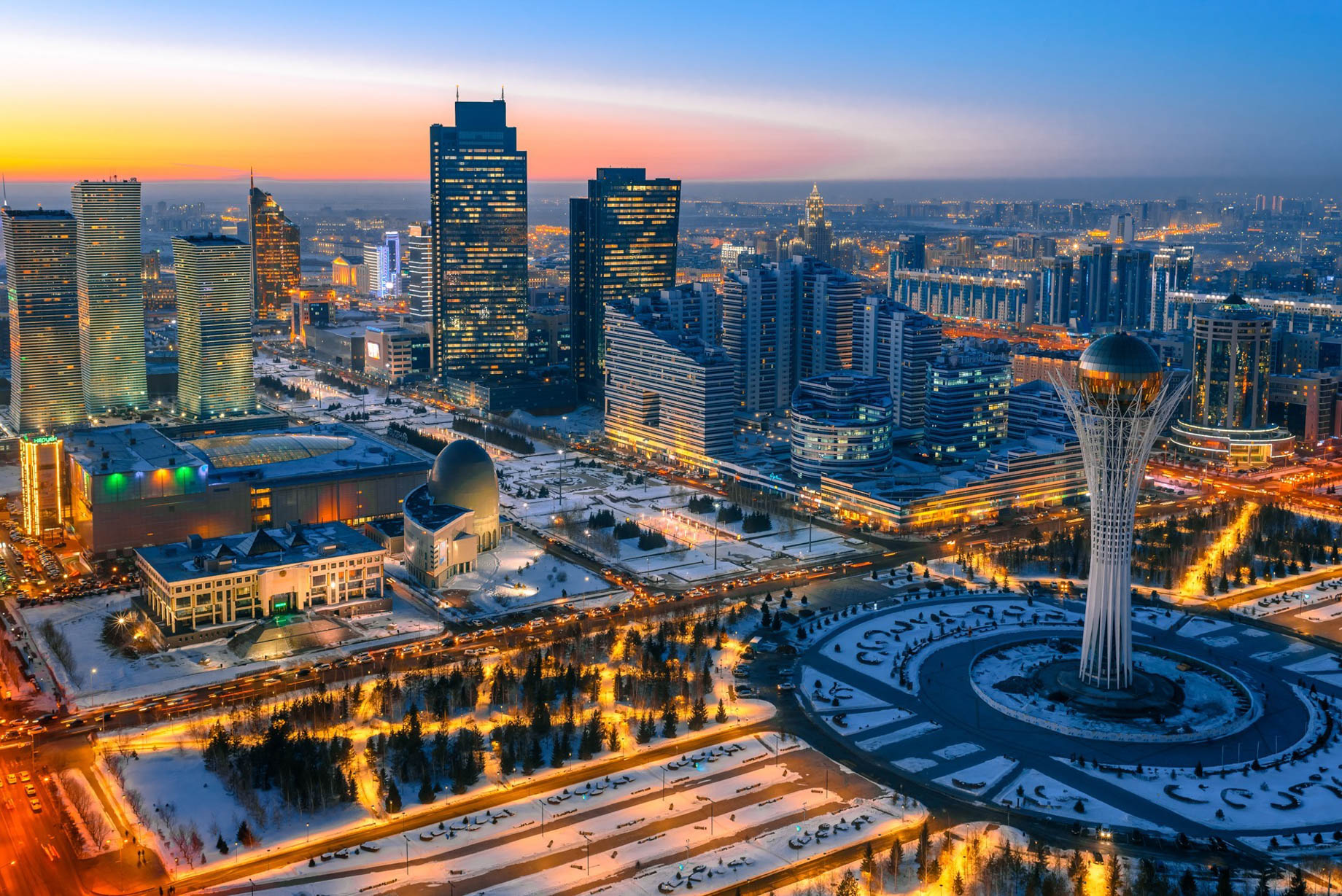 The Ritz-Carlton, Astana Hotel - Nur-Sultan, Kazakhstan - Astana City Aerial Sunset
