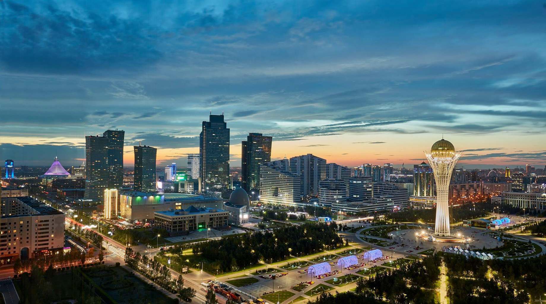 The Ritz-Carlton, Astana Hotel – Nur-Sultan, Kazakhstan – Astana City Aerial Dusk
