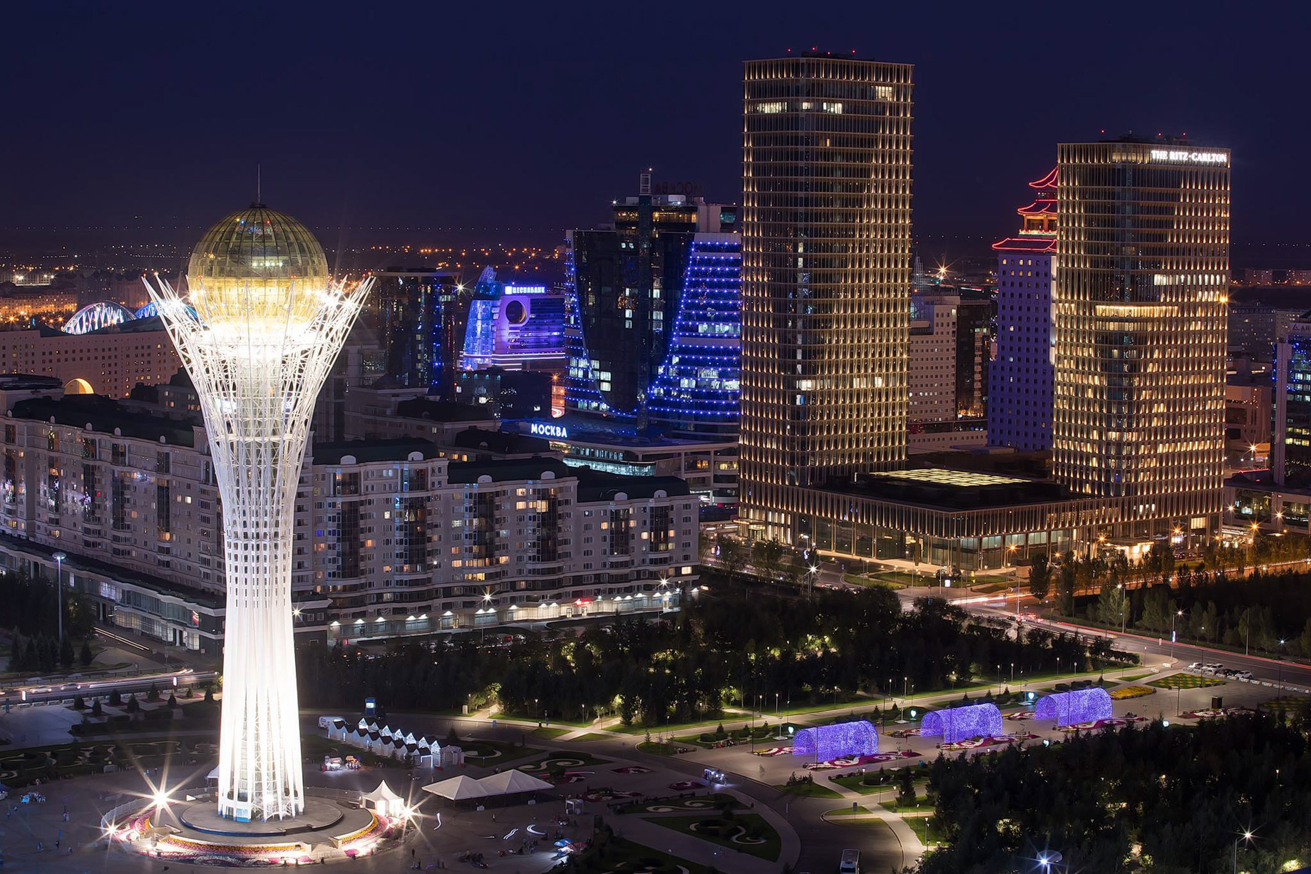 The Ritz-Carlton, Astana Hotel - Nur-Sultan, Kazakhstan - Bayterek Tower Aerial View Night