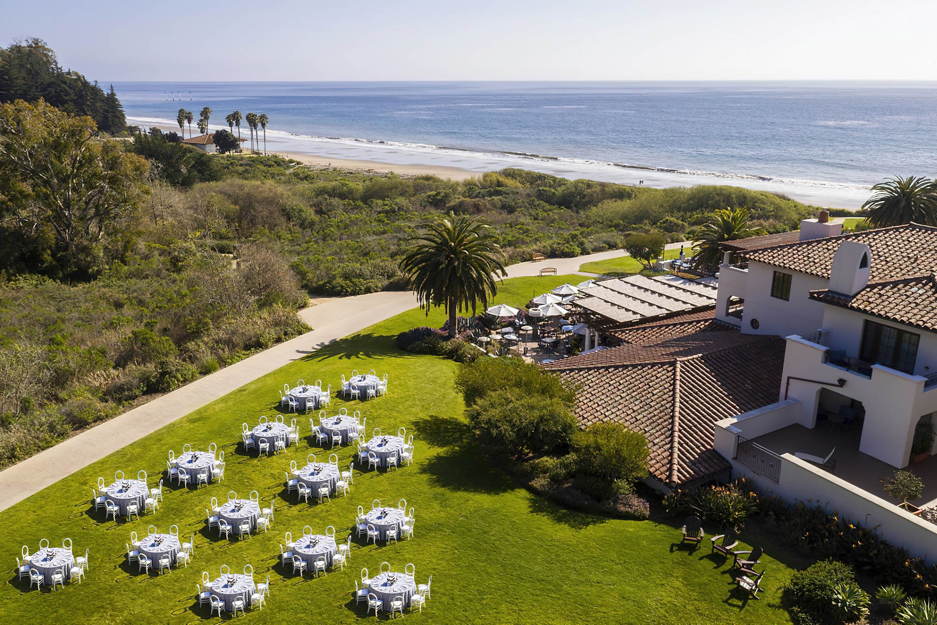 The Ritz-Carlton Bacara, Santa Barbara Resort – Santa Barbara, CA, USA – Lawn Wedding Reception Aerial