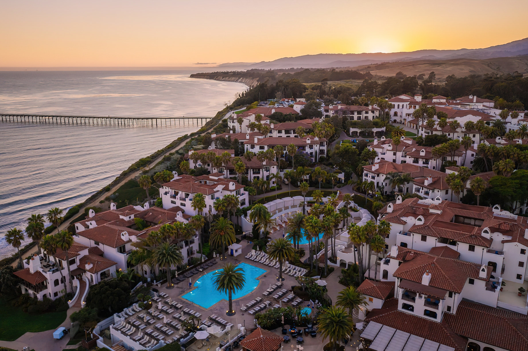 The Ritz-Carlton Bacara, Santa Barbara Resort - Santa Barbara, CA, USA - Resort Aerial View Sunset