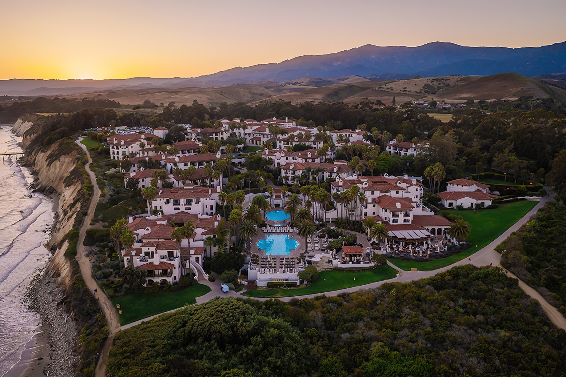 The Ritz-Carlton Bacara, Santa Barbara Resort – Santa Barbara, CA, USA – Resort Aerial View Sunset
