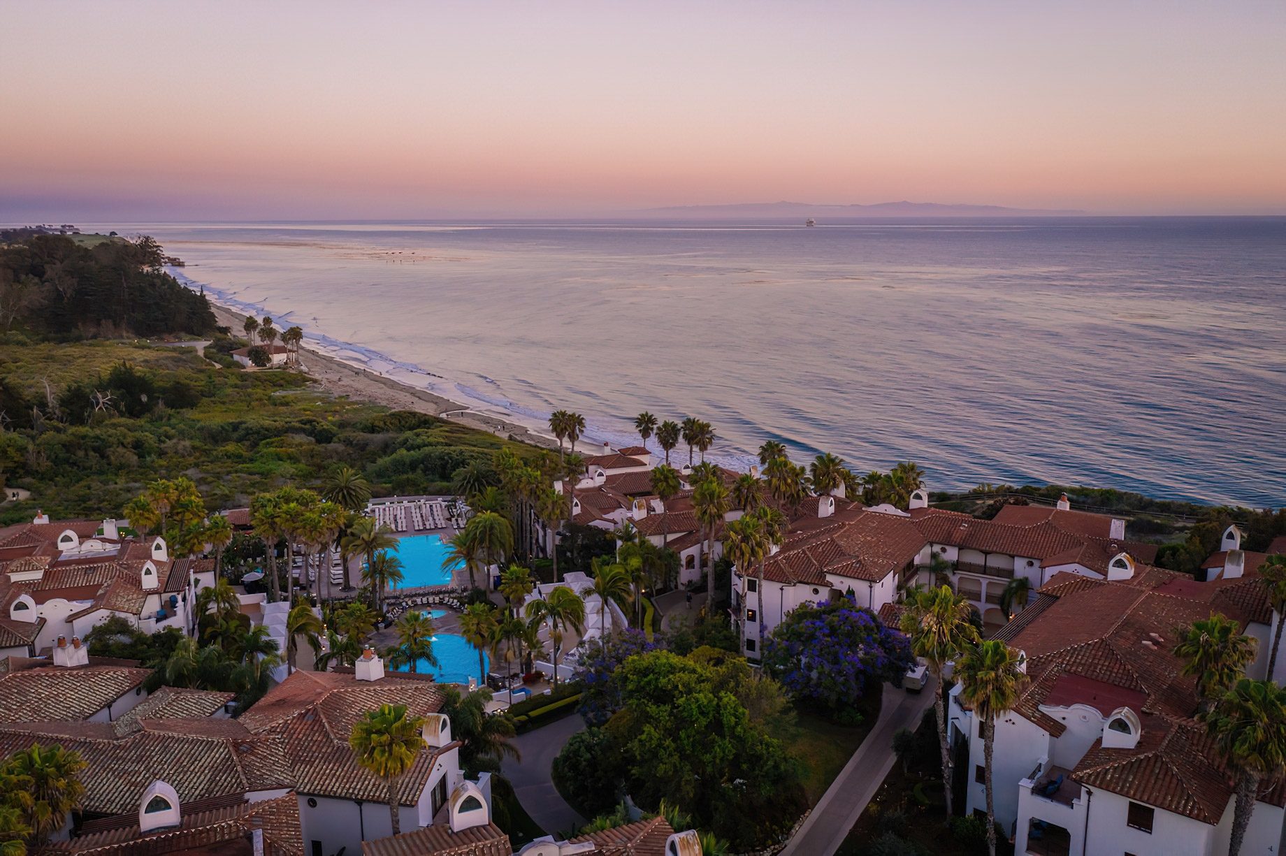The Ritz-Carlton Bacara, Santa Barbara Resort – Santa Barbara, CA, USA – Resort Aerial Ocean View Sunset