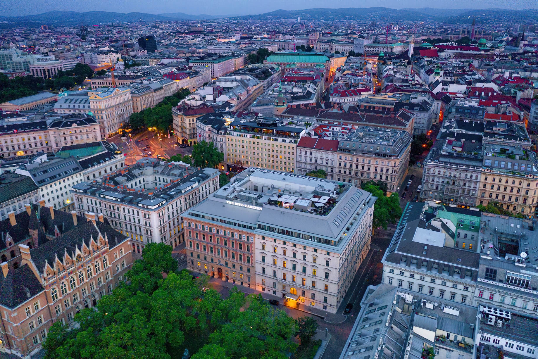 The Ritz-Carlton, Vienna Hotel – Vienna, Austria – Atmosphere Rooftop Bar Evening Aerial View