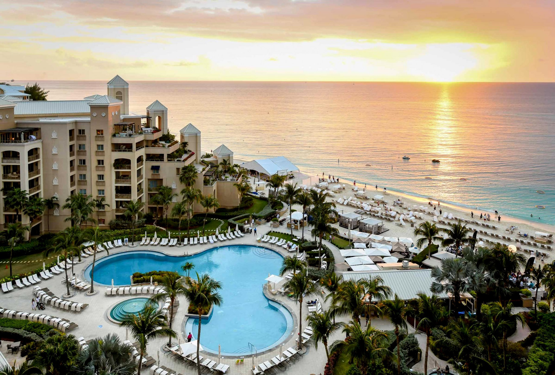 The Ritz-Carlton, Grand Cayman Resort – Seven Mile Beach, Cayman Islands – Exterior Pool Aerial Ocean View Sunset
