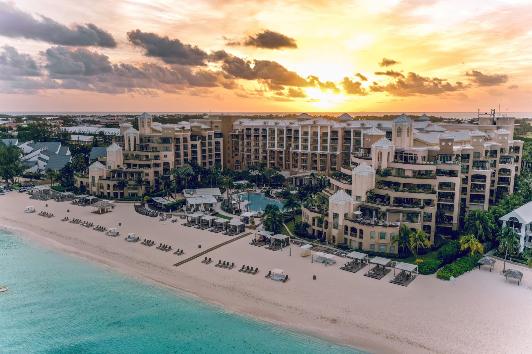 The Ritz-Carlton, Grand Cayman Resort – Seven Mile Beach, Cayman Islands – Beach Aerial View Sunset