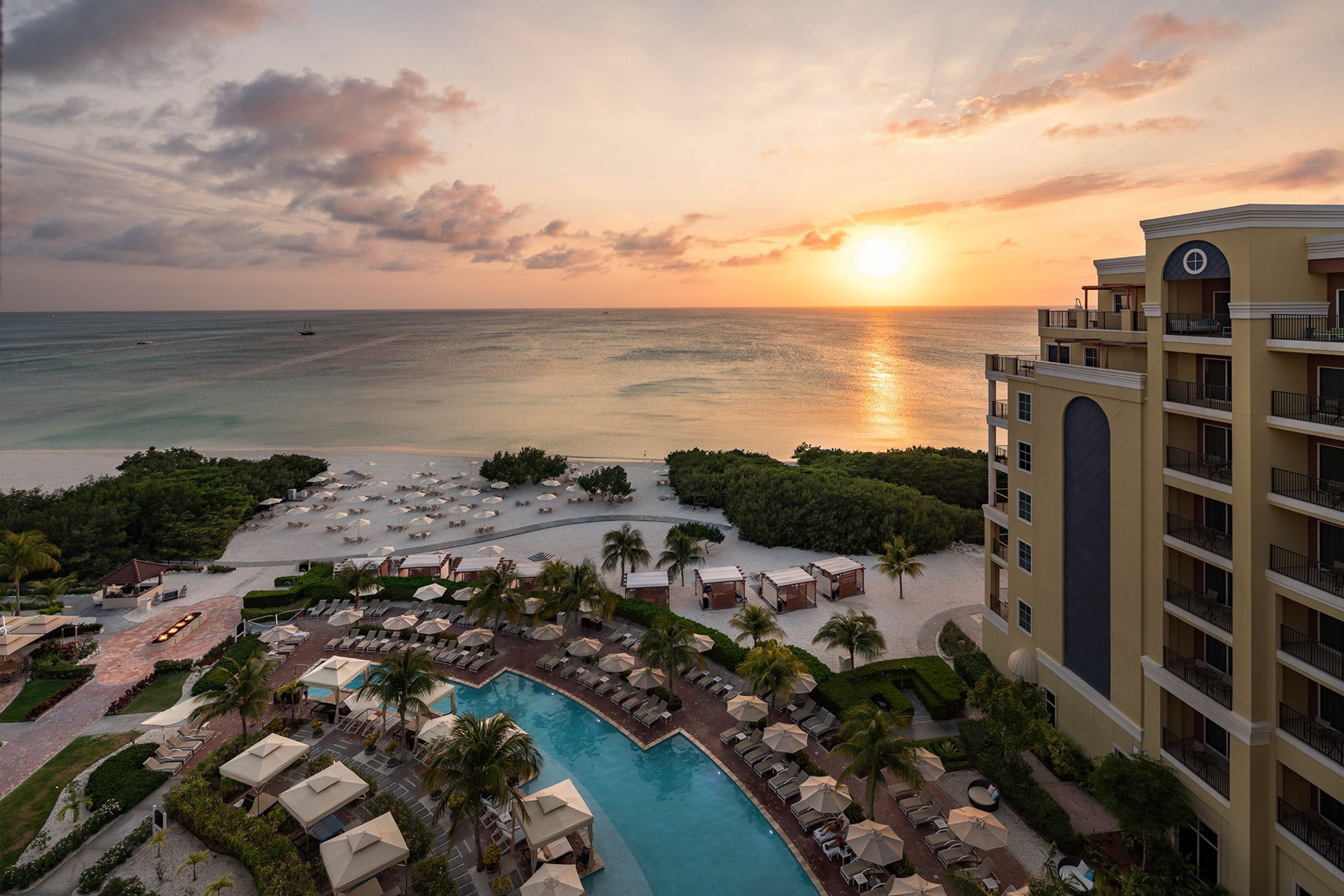 The Ritz-Carlton, Aruba Resort – Palm Beach, Aruba – Resort Aerial Sunset