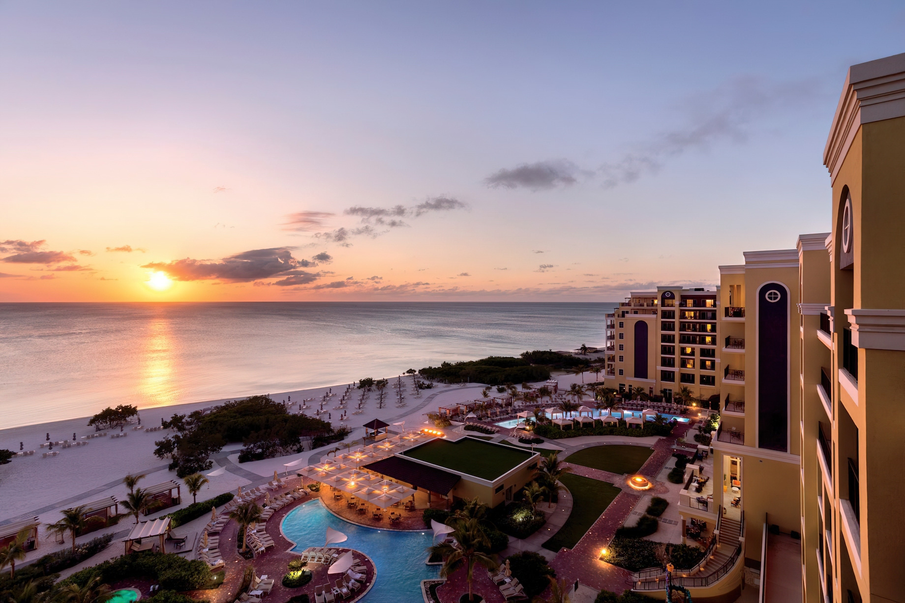 The Ritz-Carlton, Aruba Resort – Palm Beach, Aruba – Resort Aerial Sunset