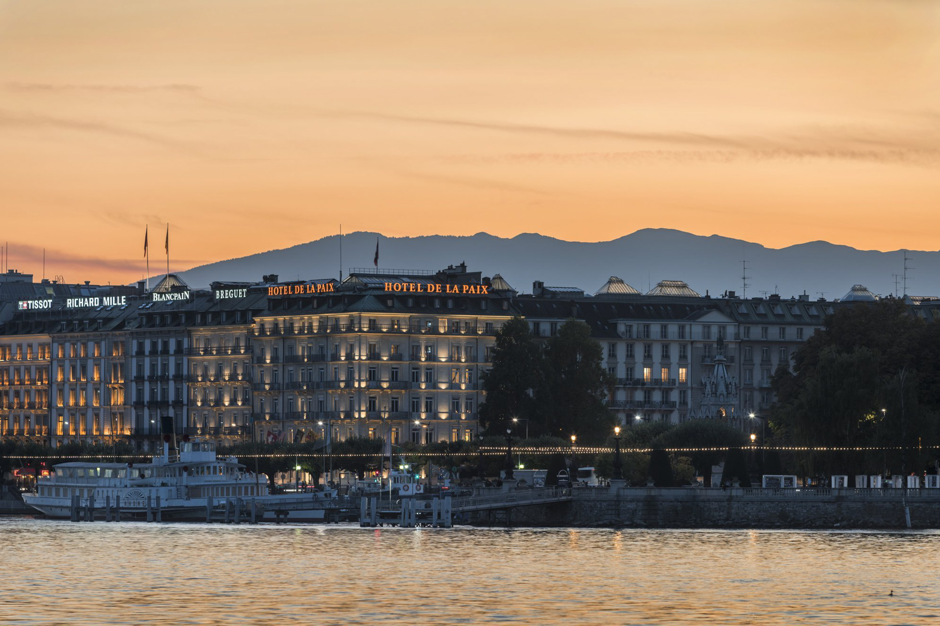 The Ritz-Carlton Hotel de la Paix, Geneva – Geneva, Switzerland – Hotel Exterior Lakefront Sunset