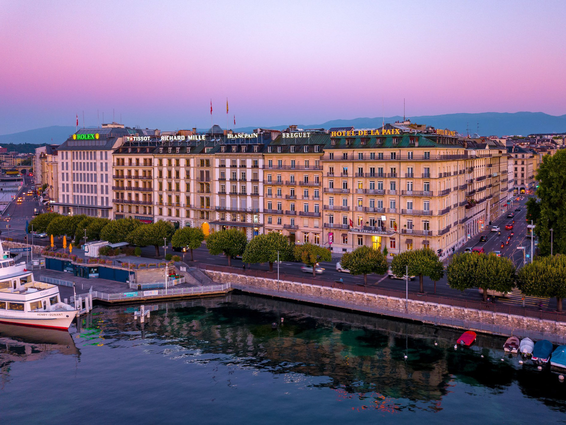 The Ritz-Carlton Hotel de la Paix, Geneva - Geneva, Switzerland - Hotel Exterior Lakefront Sunset