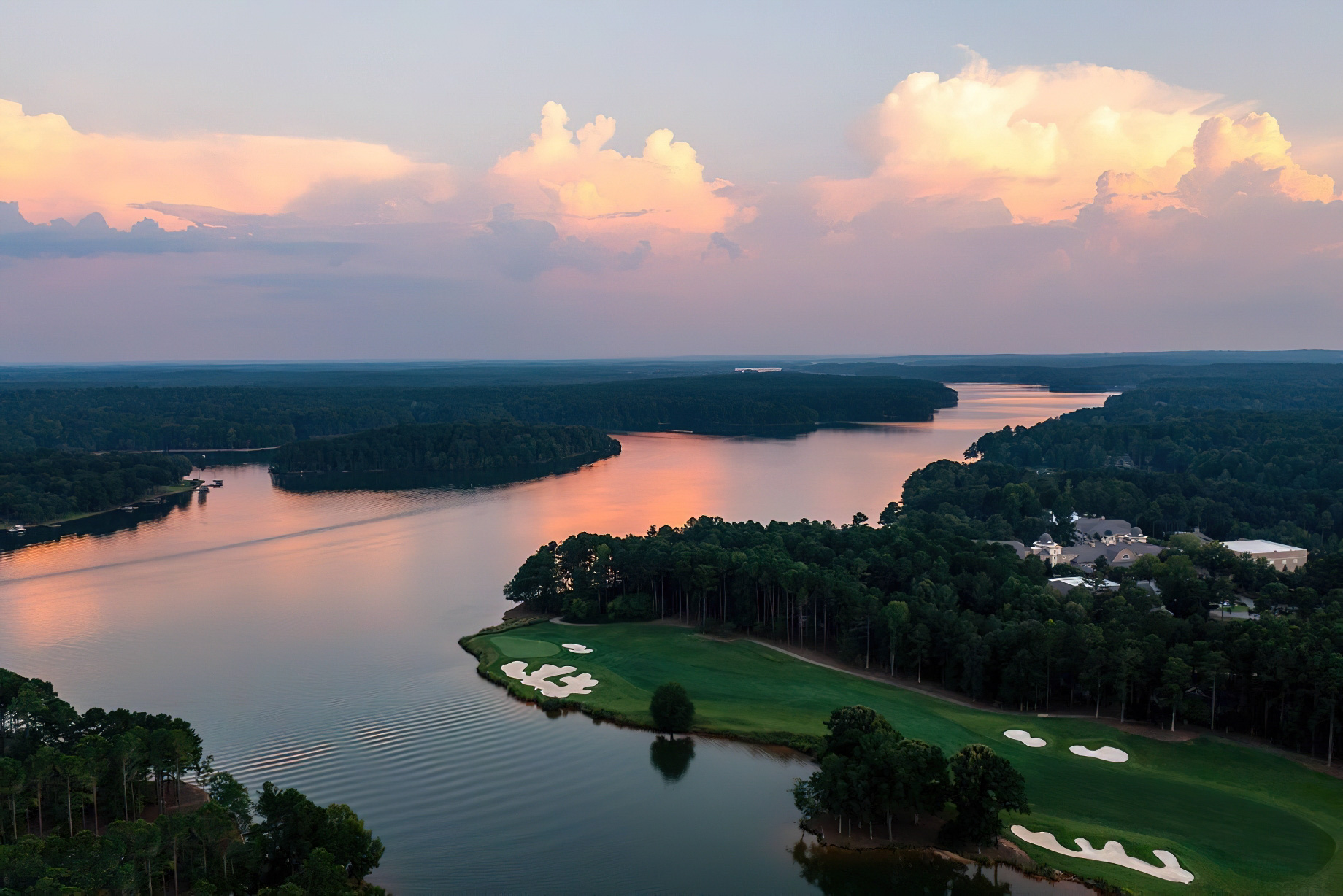 133 – The Ritz-Carlton Reynolds, Lake Oconee Resort – Greensboro, GA, USA – Lake Aerial View Sunset