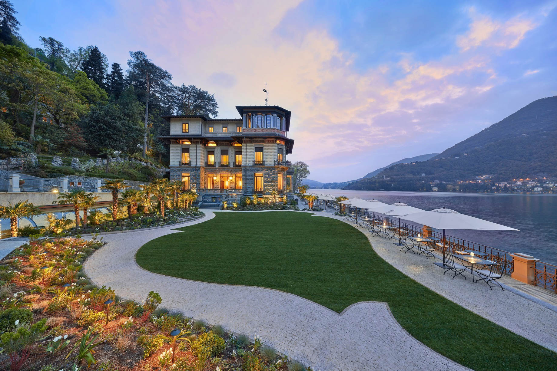 Mandarin Oriental, Lago di Como Hotel - Lake Como, Italy - Exterior Lawn Como Lake View Sunset