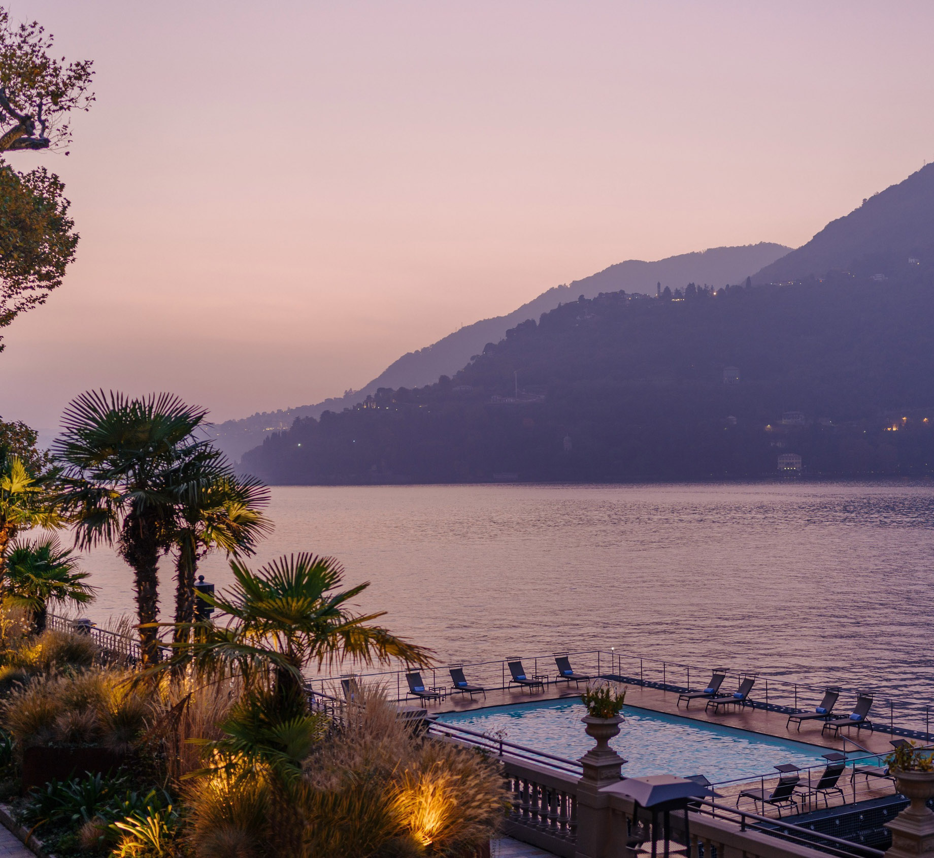 Mandarin Oriental, Lago di Como Hotel – Lake Como, Italy – Exterior Pool Como Lake View Sunset